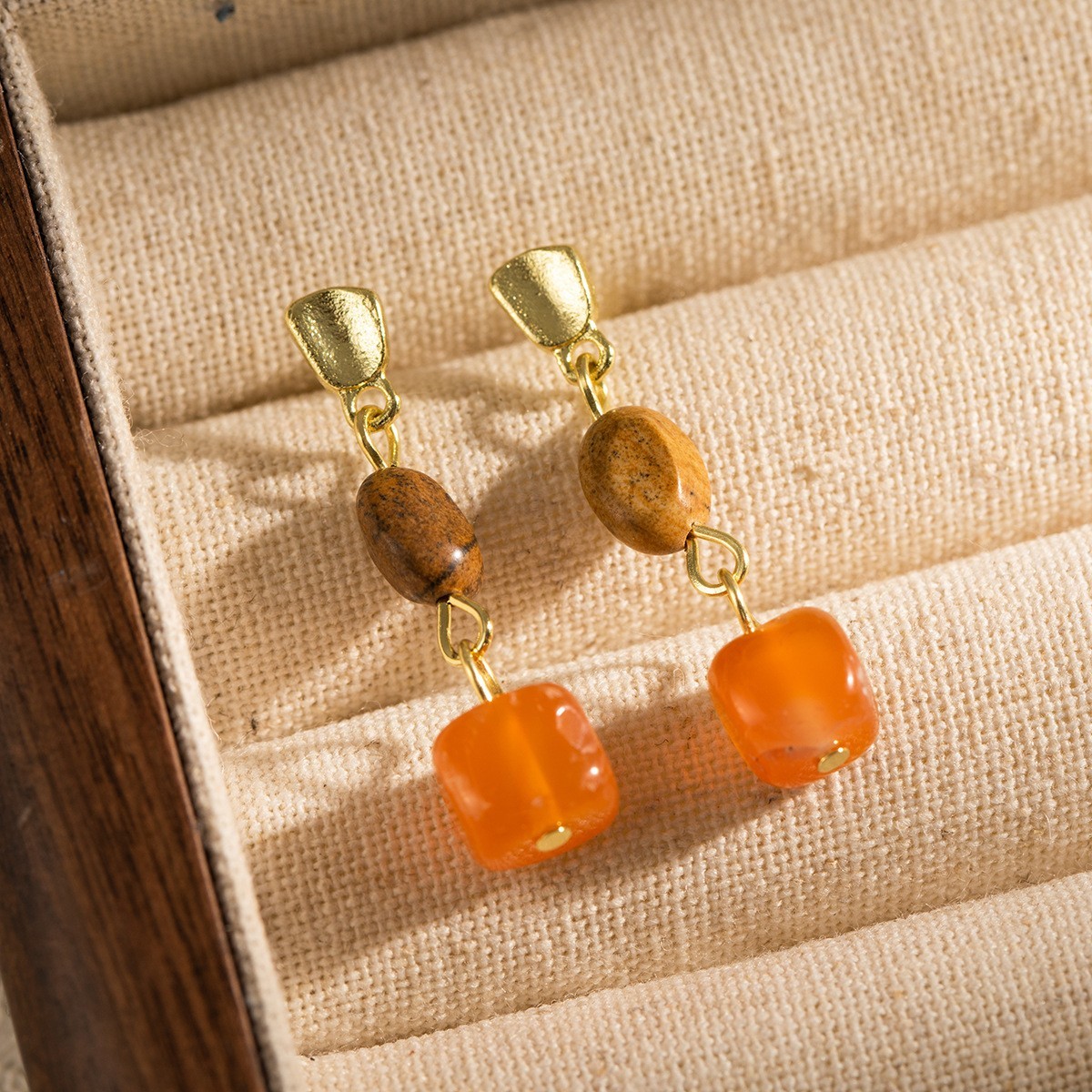 Boho Square Amber Brown Resin Tassels Gold Plated Dangle Drop Earrings