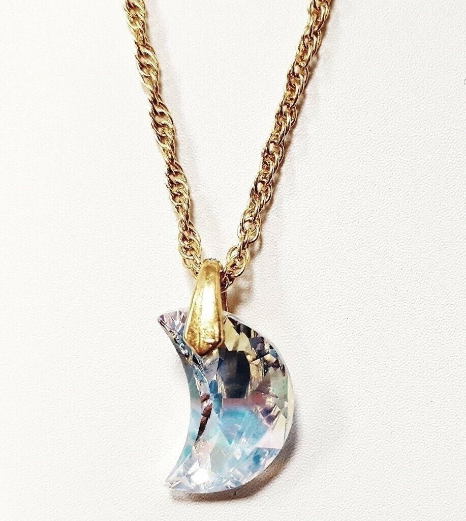 Crystal Aurore Boreale Austrian Article #6722 Moon Pendant Gold Chain Necklace
