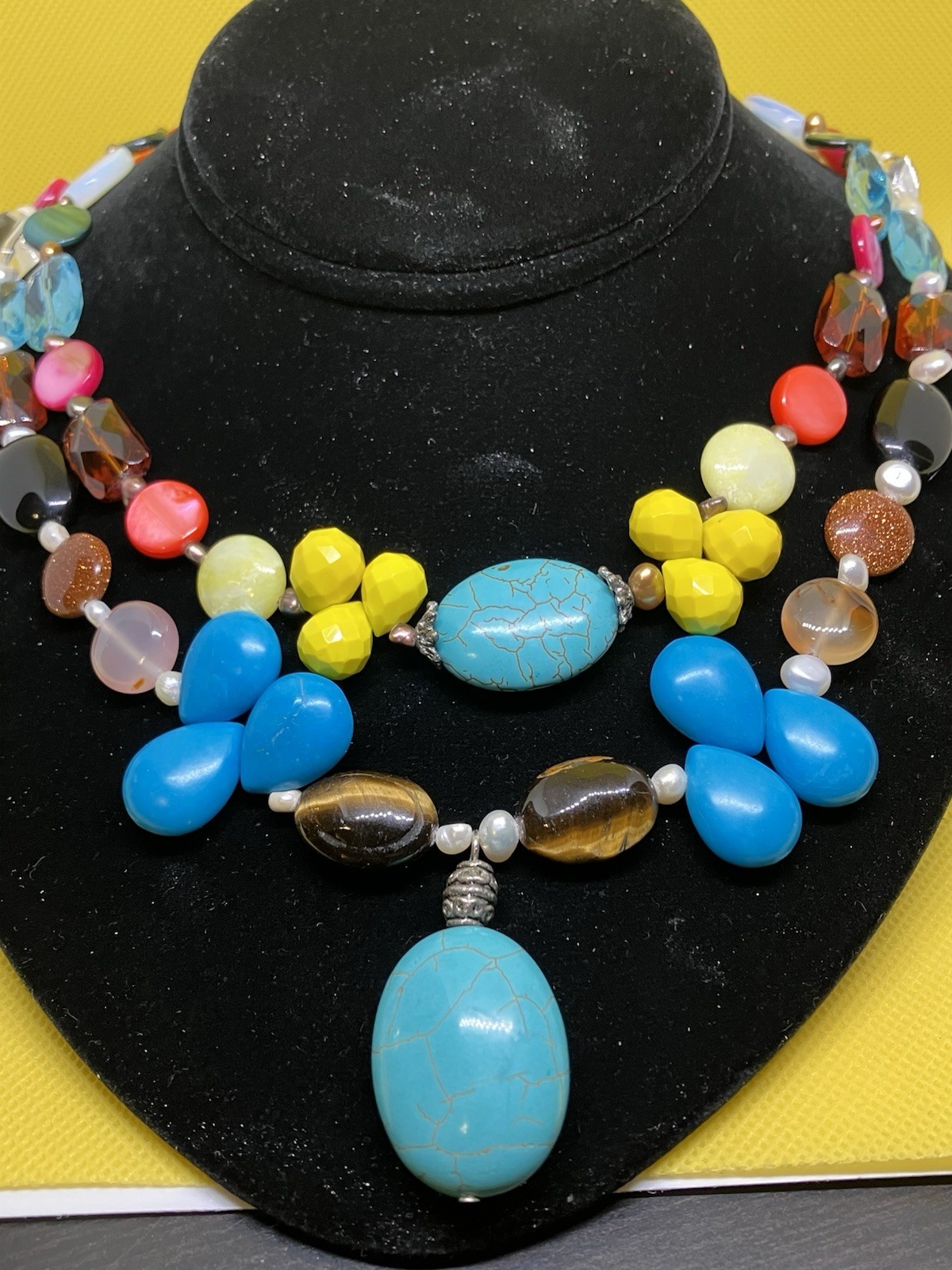 Lovely Faux Turquoise & Semi-Precious Colorful Gemstones Multi-Strand Necklace