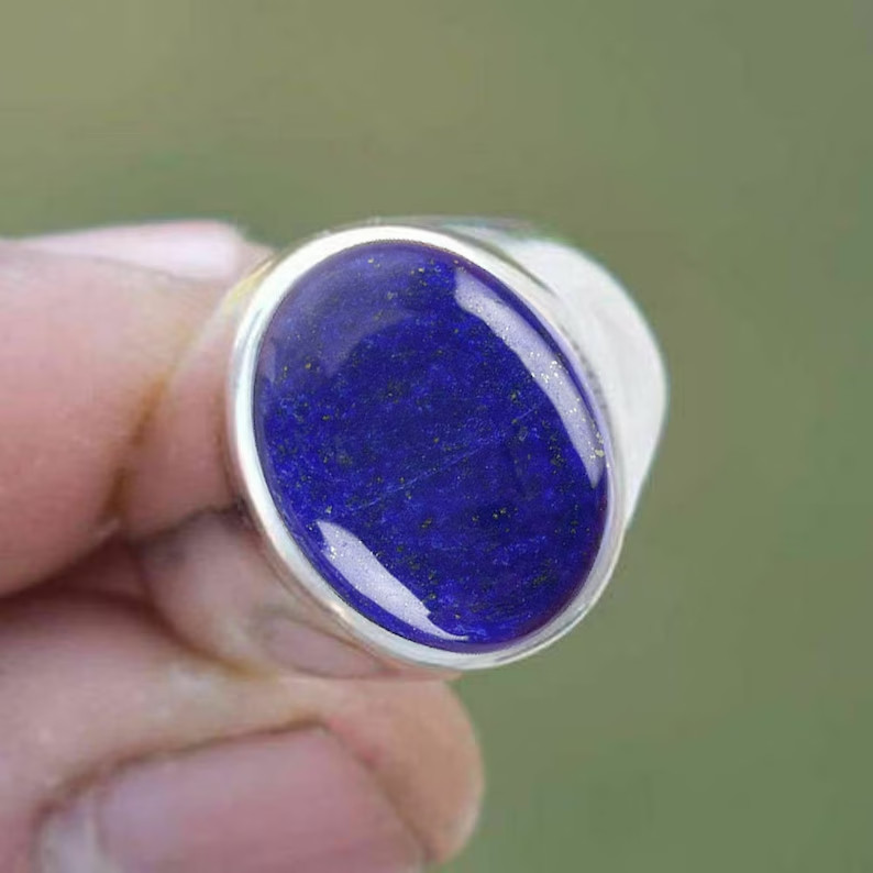 Solid 925 Sterling Silver Natural Lapis Lazuli Oval Cab Gemstone Gift Men’s Ring