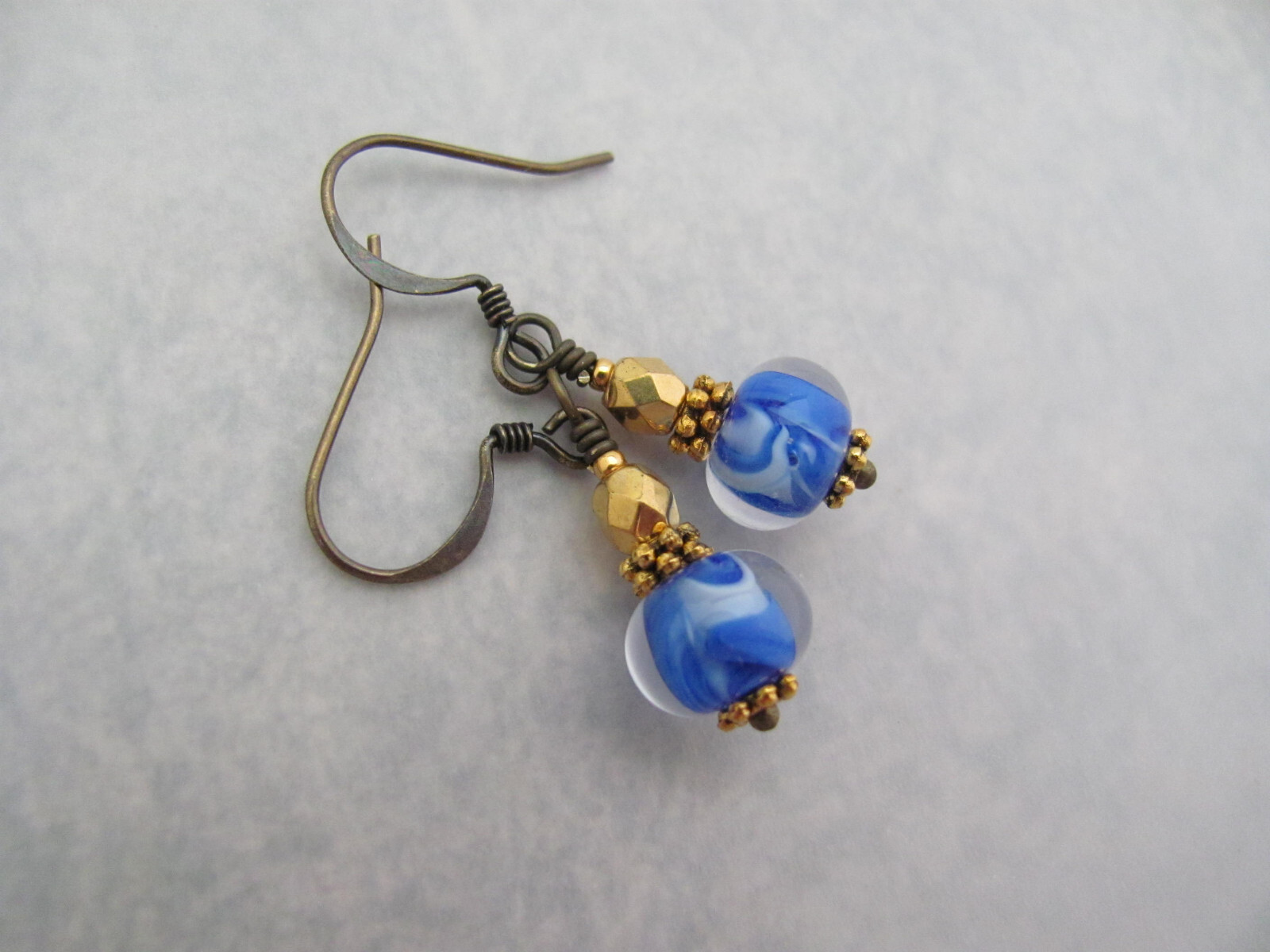 Blue White Earrings Lampwork Glass Antiqued Brass Dainty Boho Chic