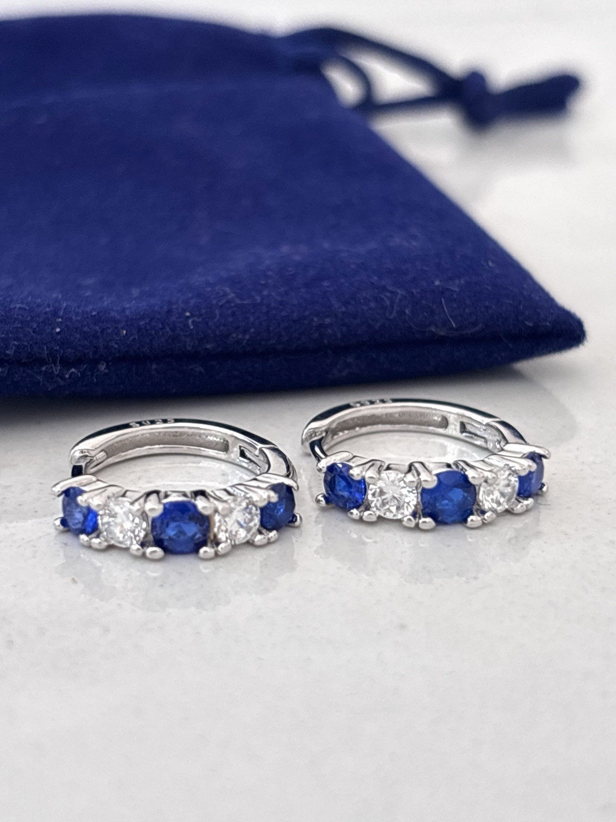Sterling Silver Blue Sapphire CZ Huggie Hoop Earrings 925 Cubic Zirconia Gift