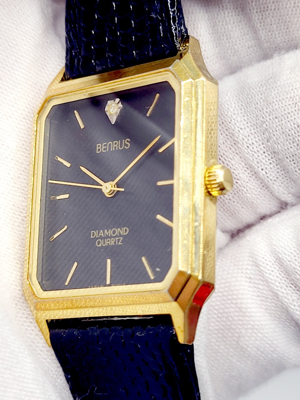 Vintage 1980s Benrus Diamond Quartz Tank Watch Gold Tone Black Dial Japan Made