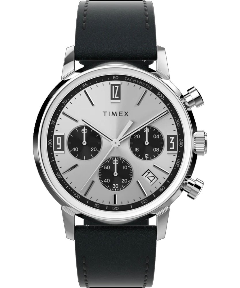 Timex TW2W10300 Men’s Marlin Silver Dial Black Leather Band Chronograph Watch