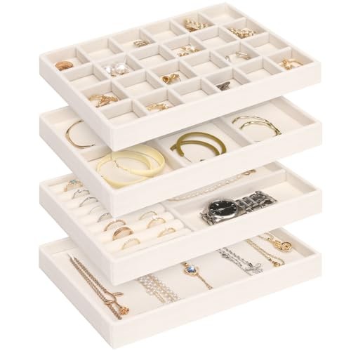 4 Jewelry Organizer Drawer Insert, Stackable Velvet Jewelry Tray beige