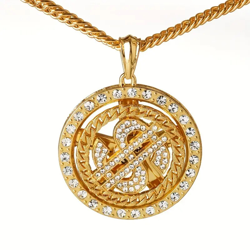 $ Dollar Spinner Cubic Zirconia Iced Medal Pendant 24 Cuban Chain Chain Necklace