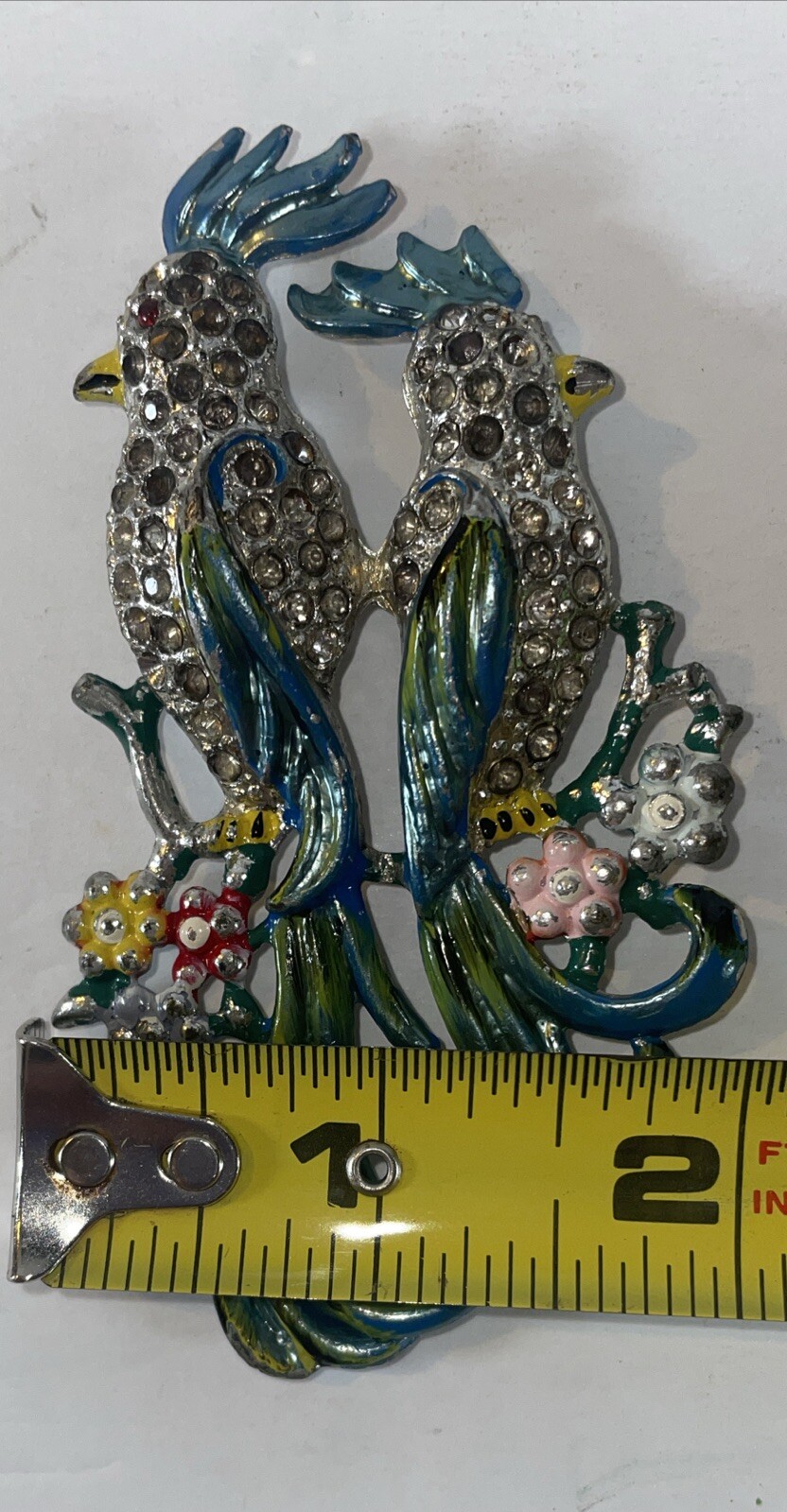 Vintage 1940s Coro Silver Tone Parrot Enamel Duette Brooch 3-3/4” Pin Unsigned