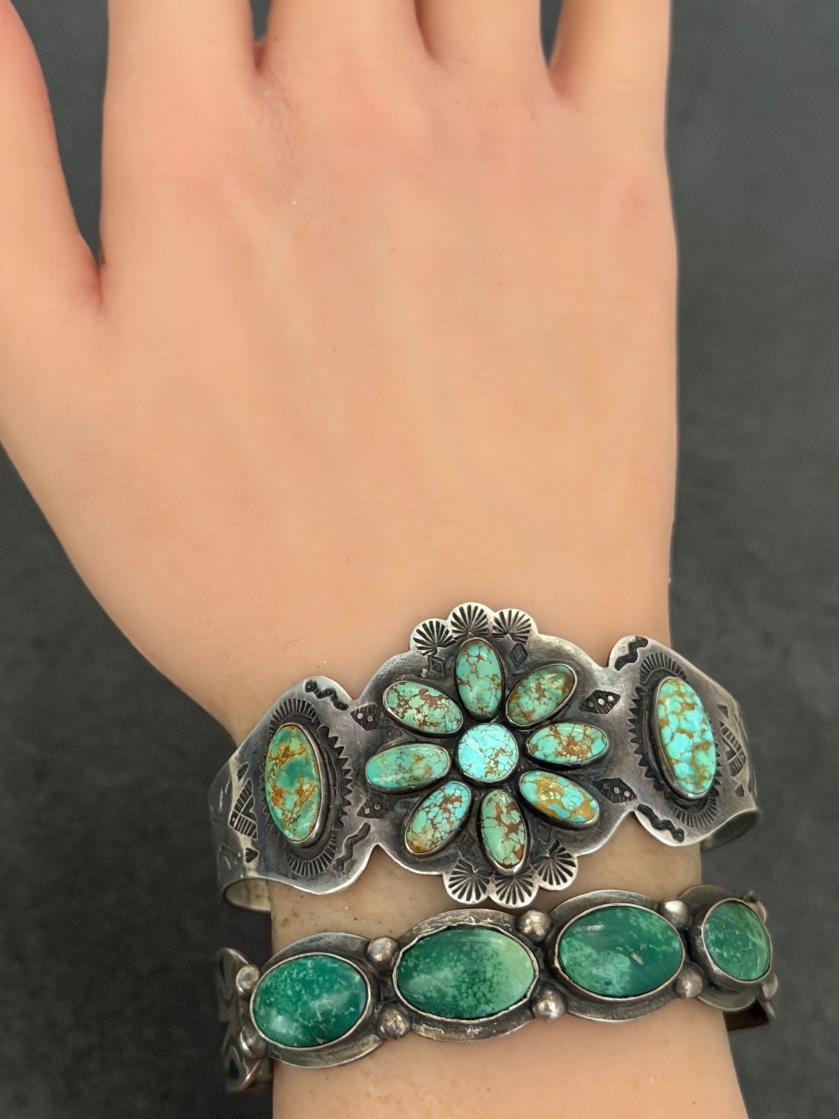 OLD Fred Harvey Era Navajo CERRILLOS Turquoise Silver Bracelet 7 in