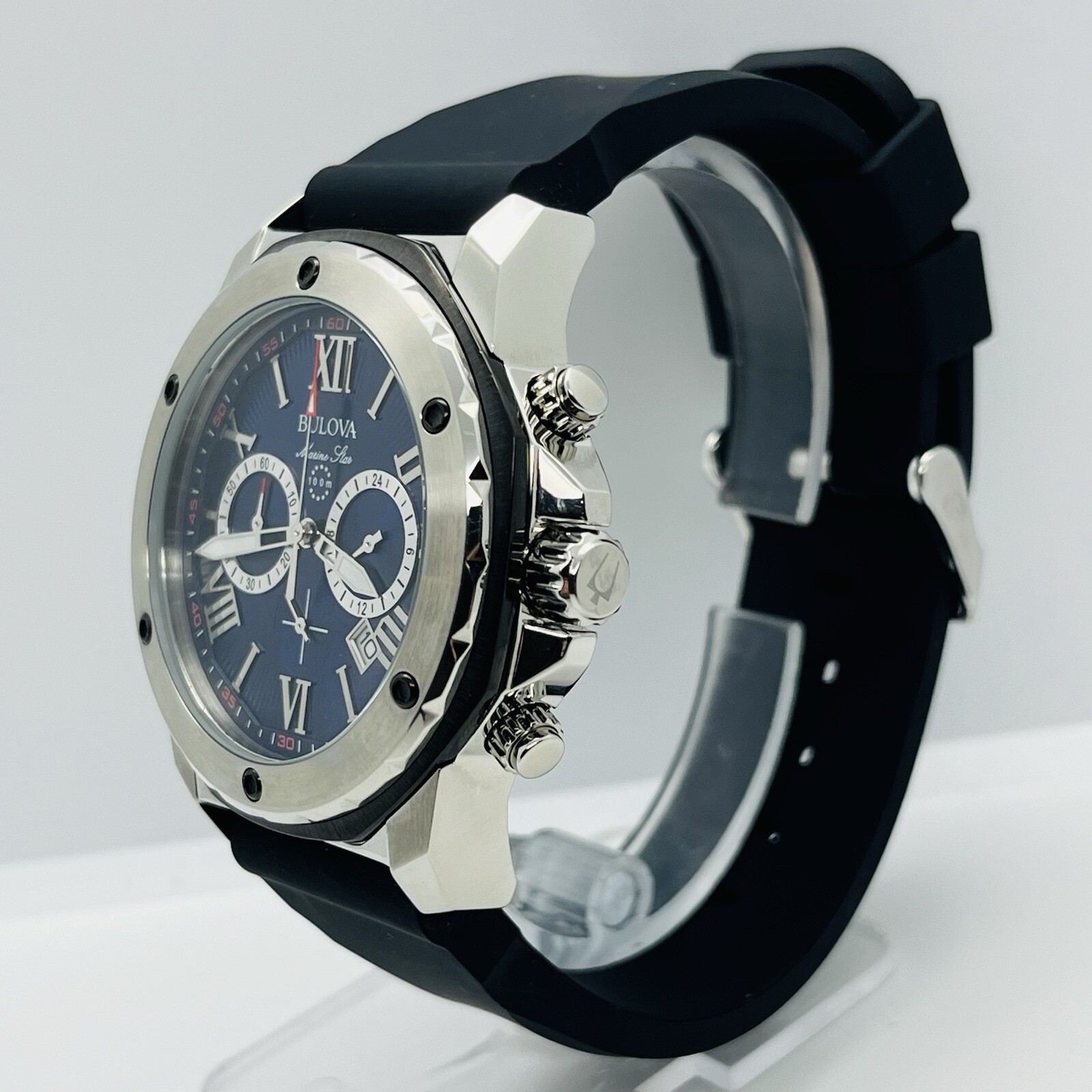 Bulova Marine Star Men’s Chronograph Blue Dial Steel 10ATM 44mm Watch 98B258