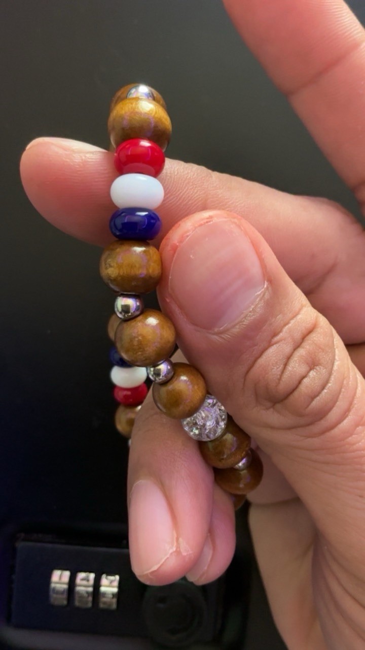 Handmade Brown/Red/White/Blue Glass & Wood Beaded Bracelet, Unisex #038