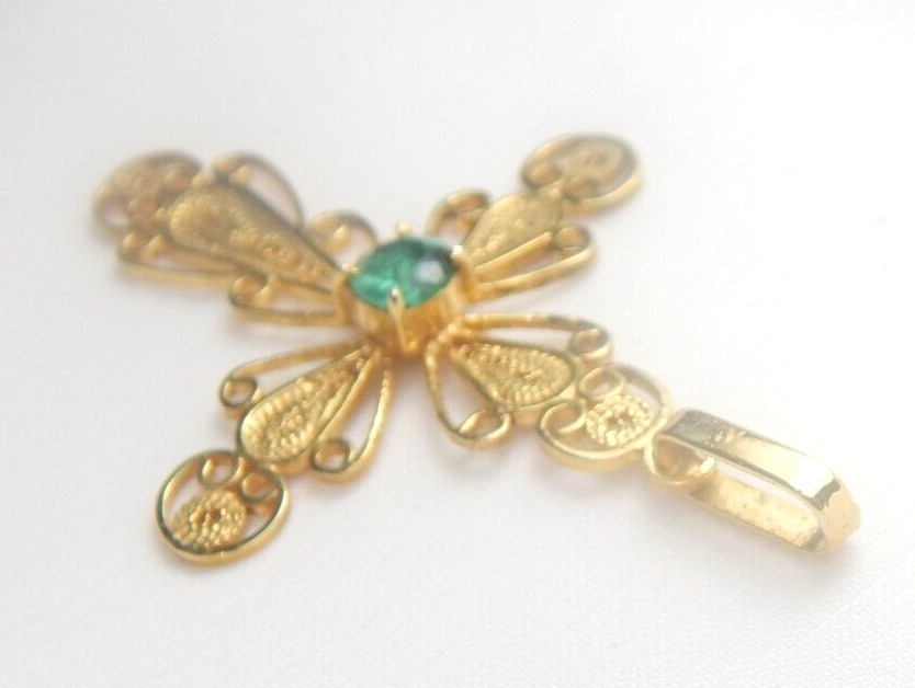 Colombian Round Emerald Pendant 0.40 Cts Sterling Silver Gold Plated Filigree