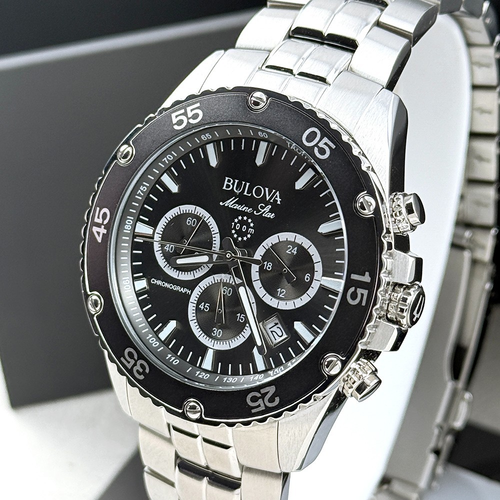 Bulova Men’s Marine Star 98B401 Chronograph Gray Dial Steel Quartz Watch 41.5mm