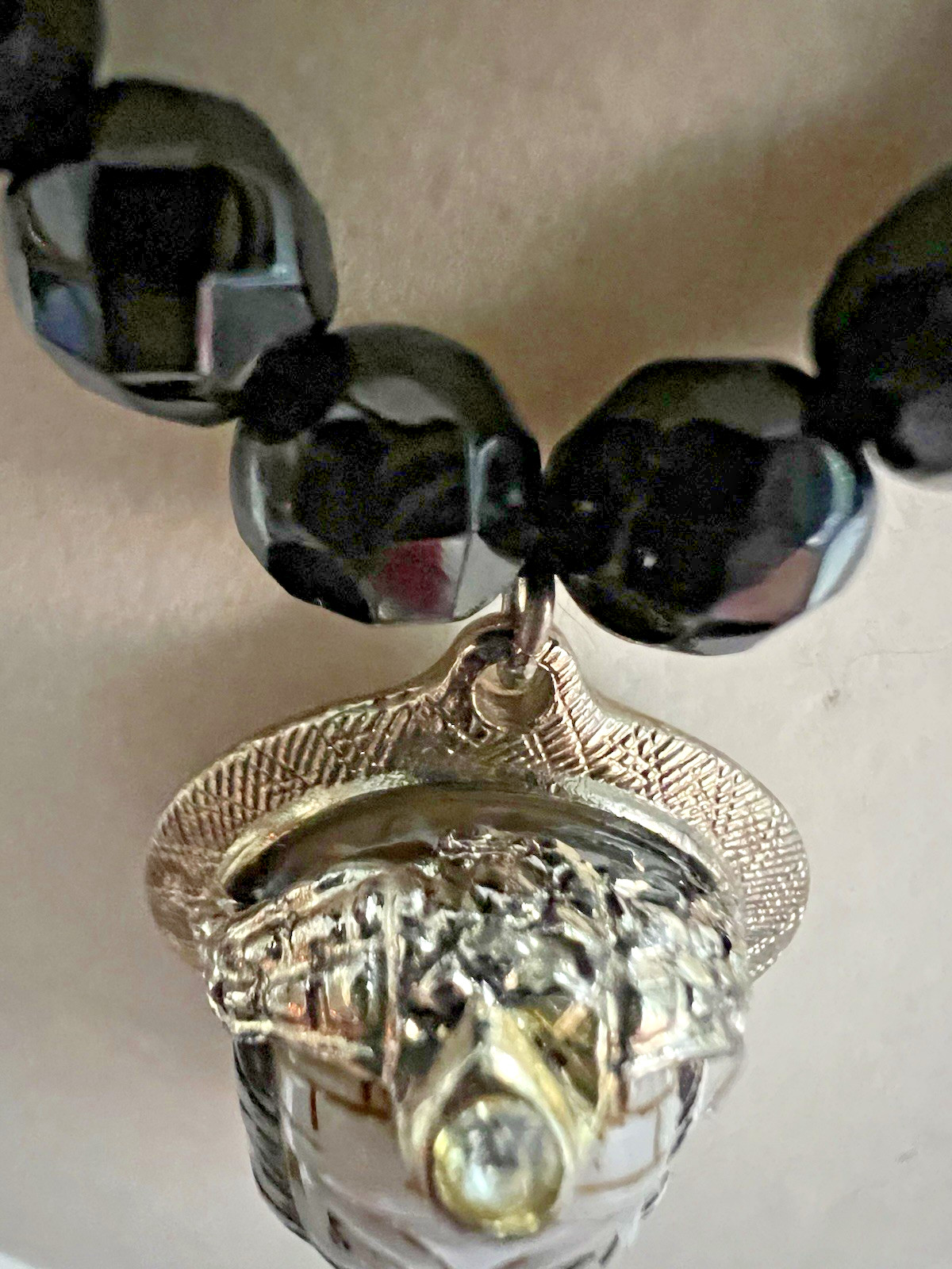 Vintage 15” Black Crystal Faceted Beaded Choker With Asian Warrior Pendant
