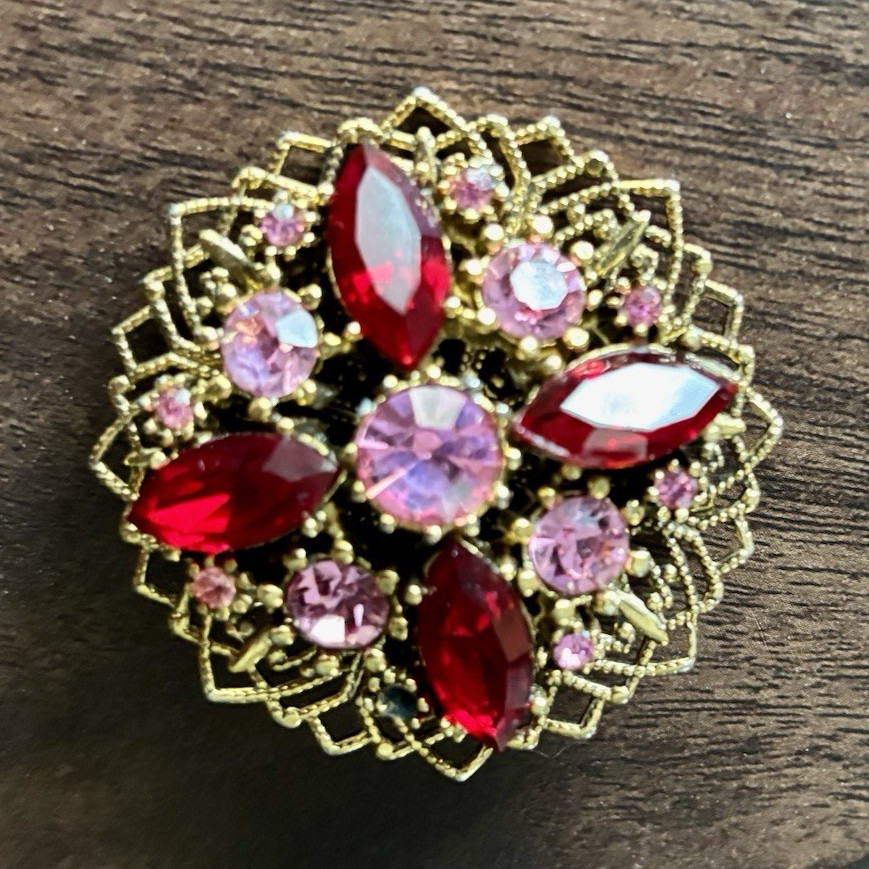 Gold Tone Filigree Round Brooch Pin Red & Pink Marquise Rhinestones Prong Set