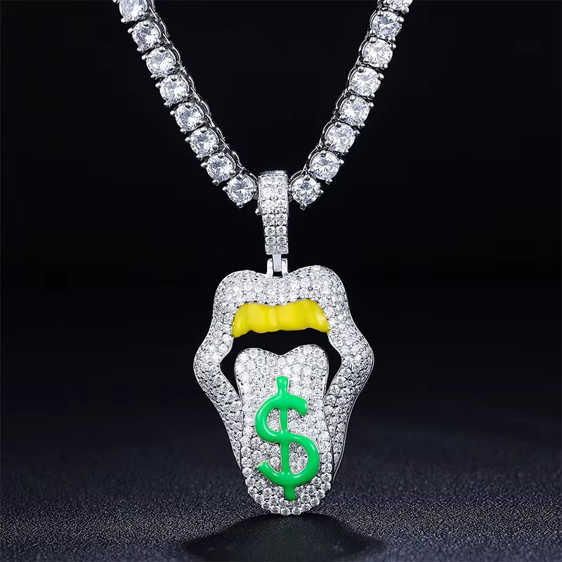 Glow in Dark Dollar Lips Pendant 925 Silver Moissanite 14k White Gold Plated