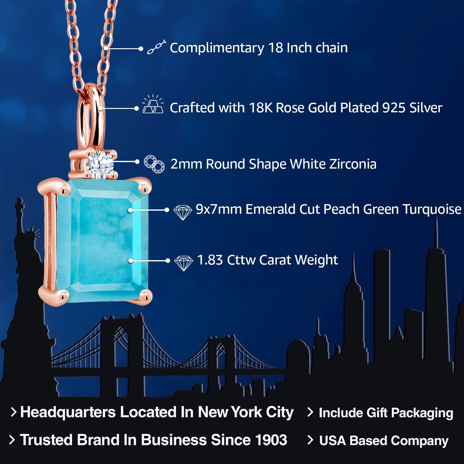 1.83 Ct Emerald Cut Green Turquoise 18K Rose Gold Plated Silver Pendant with