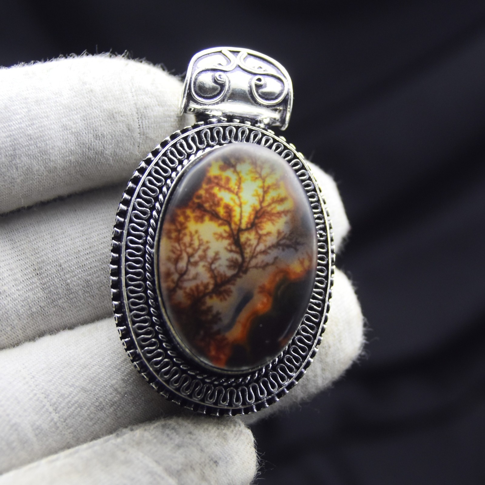 925 Sterling Silver Dendrite Fire Tree Gemstone Pendant Handmade Unique Jewelry