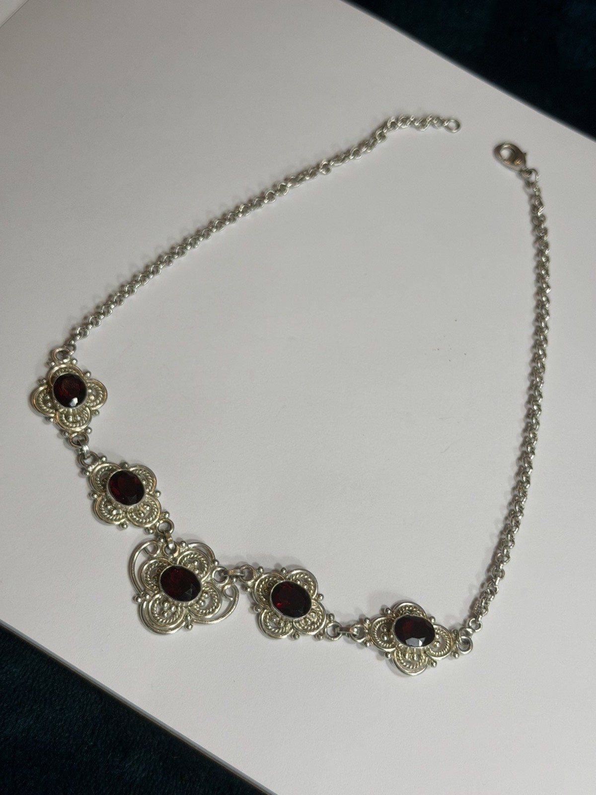 Gothic Victorian Art Deco Solid Silver Garnet Handmade Panel Necklace