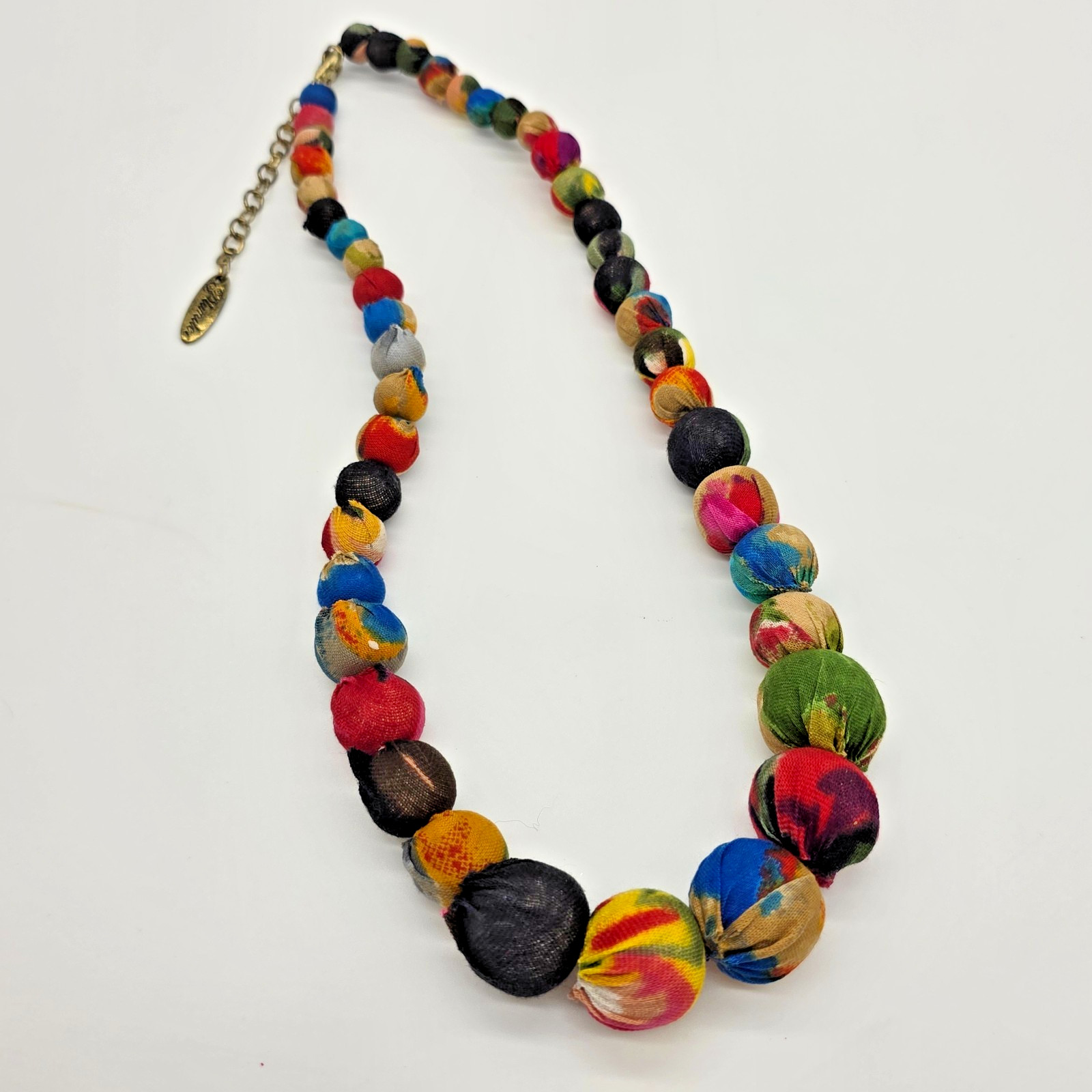 Plunder Kantha Fabric Wrapped Graduated Bead Necklace Multicolor 20”