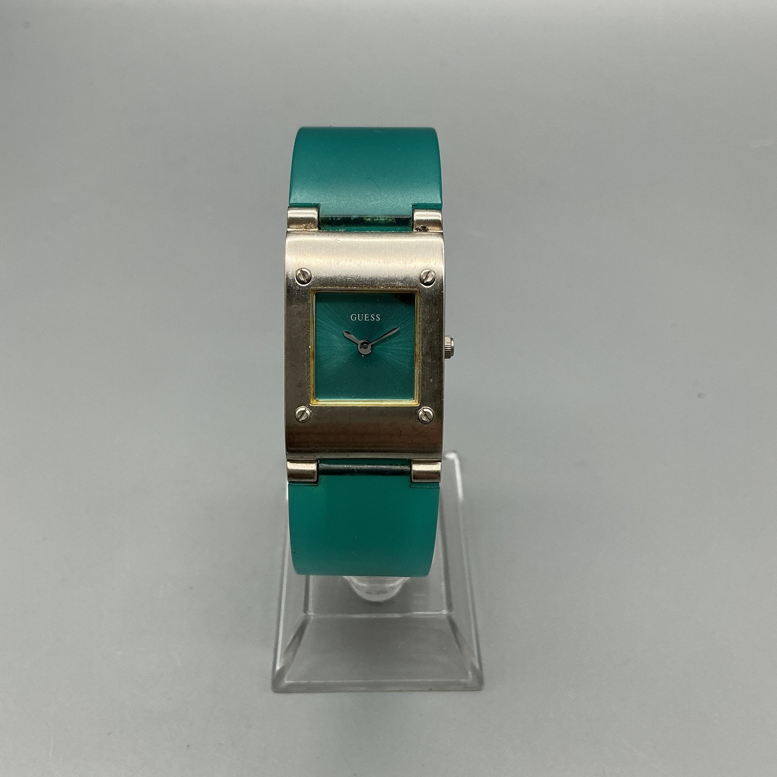 Guess Womens Watch 21mm Green Dial Silver Tone Teal Bangle New Battery 6.75″