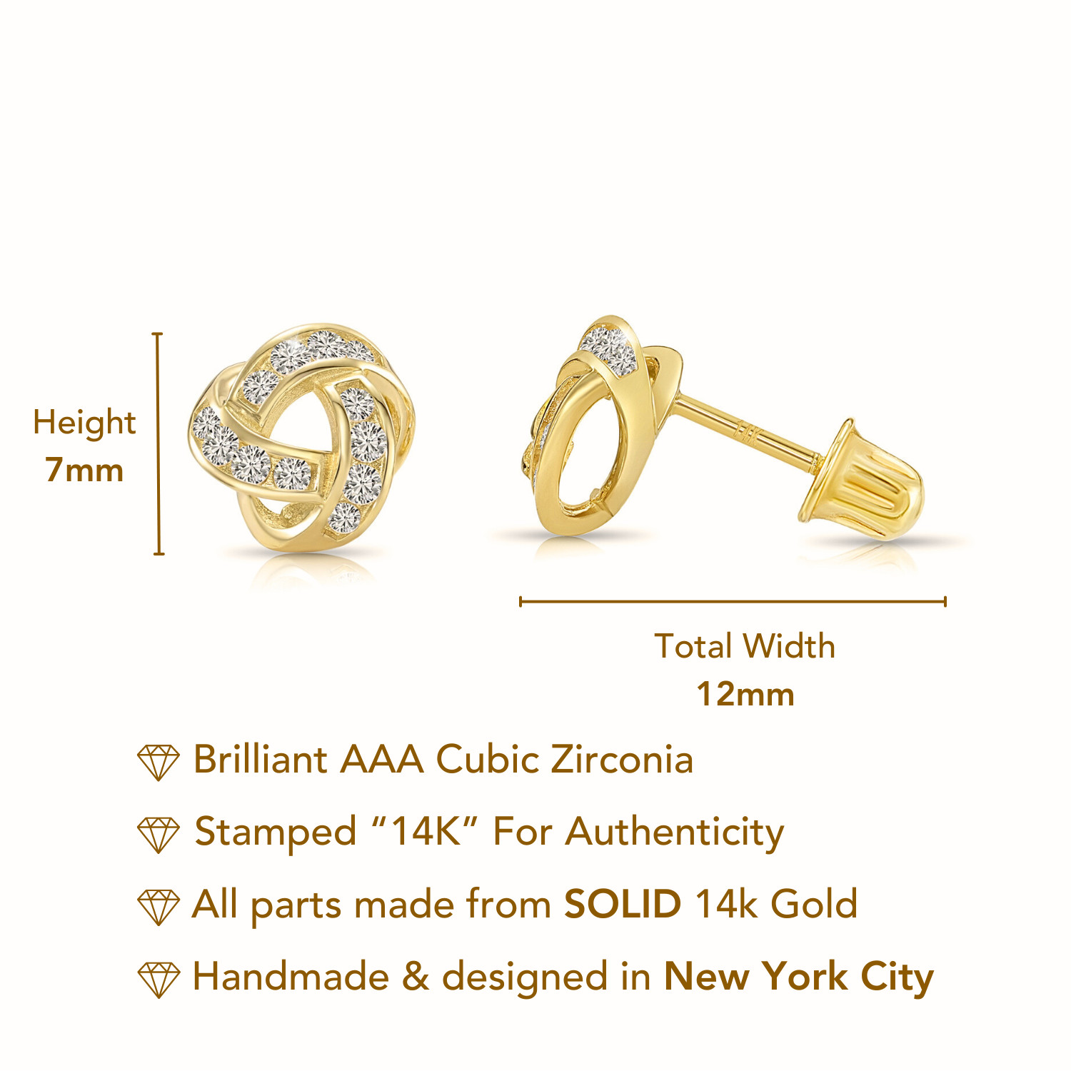 14K Real Solid Gold Dainty Love Knot Pave CZ Sleeper Stud Earrings Screw-back
