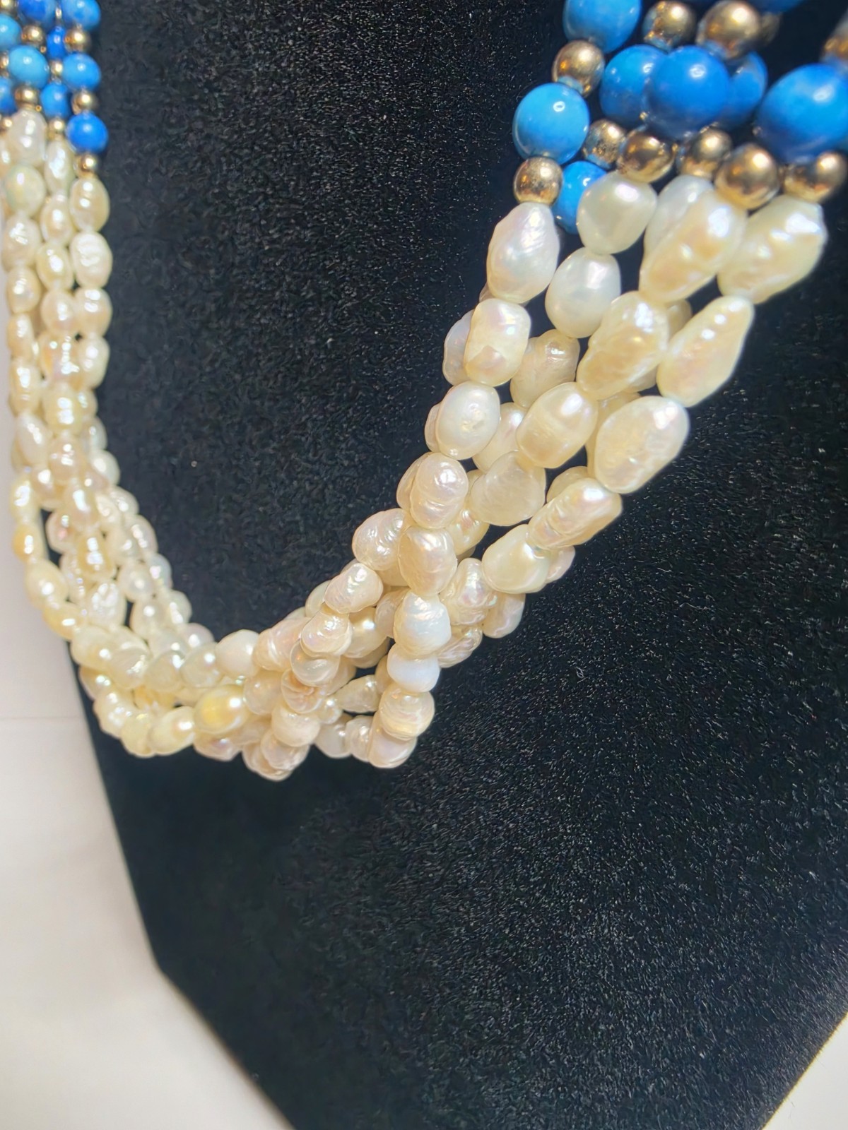 Vintage 6 Strand Freshwater Pearl and Blue Bead Necklace 21″