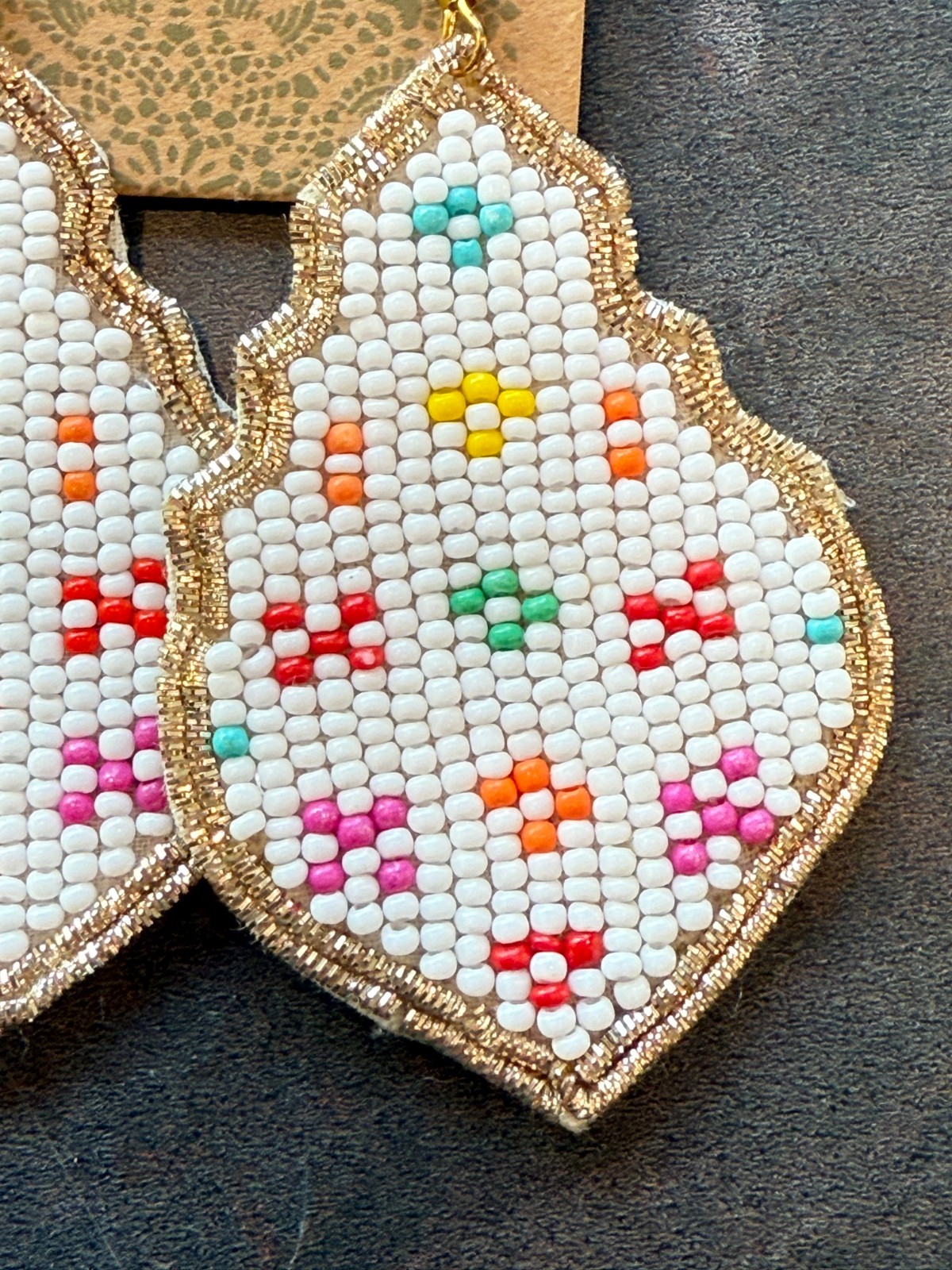Earrings White w/Colorful designs Hand Beaded Artisan Style by Treasure #105-01