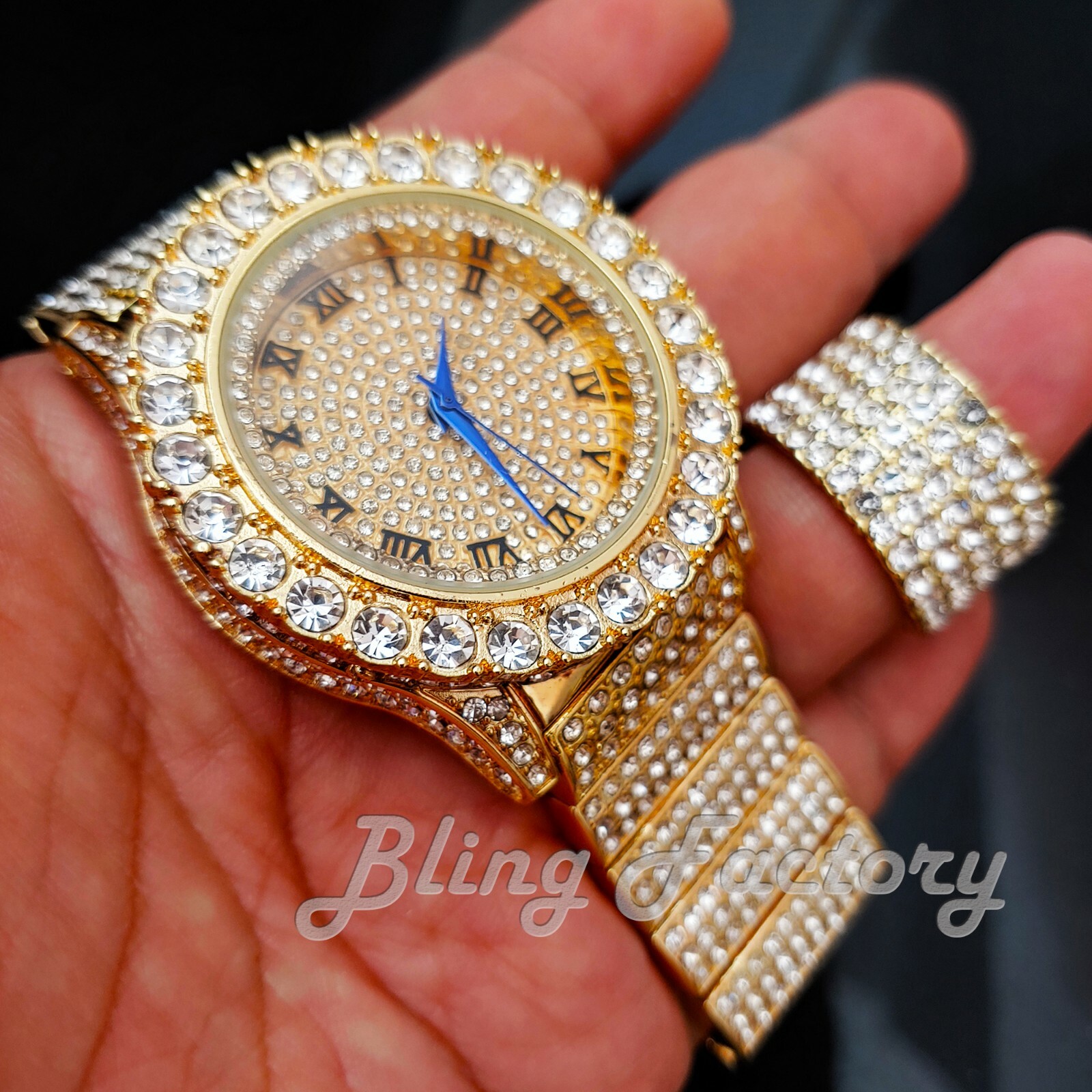 MEN’S HIP HOP GOLD PT LAB DIAMOND METAL WATCH & FULL ICED RING COMBO GIFT SET