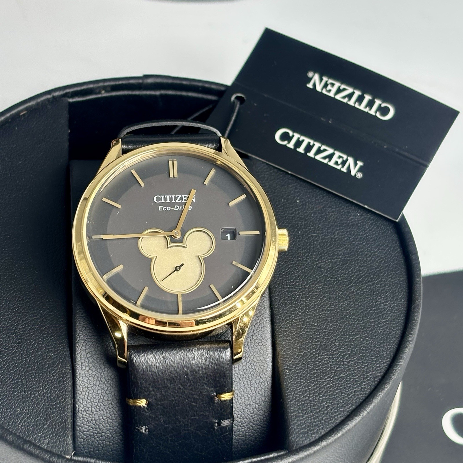 Citizen Disney Mickey Mouse Eco-Drive Watch Analog Black Leather Gold BV1132-16W
