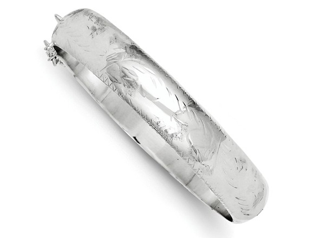 Sterling Silver Rhodium Plated Fancy Hinged Bangle (12.0mm)