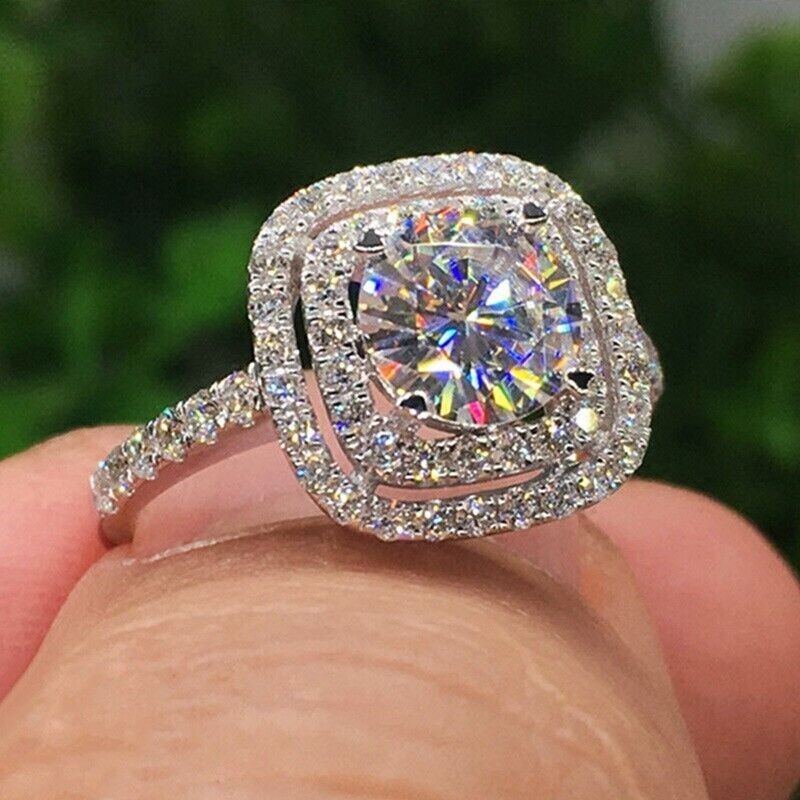 2.30CTW Round Moissanite Prong Double Halo Engagement Ring 14K White Gold Plated