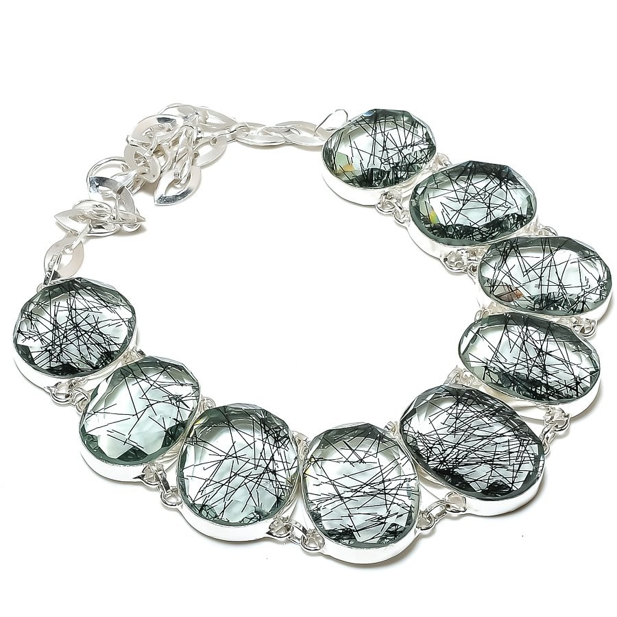 Black Rutile Oval Shape Gemstone Necklace Adjustable Chain Jewelry 18″ DN 6802
