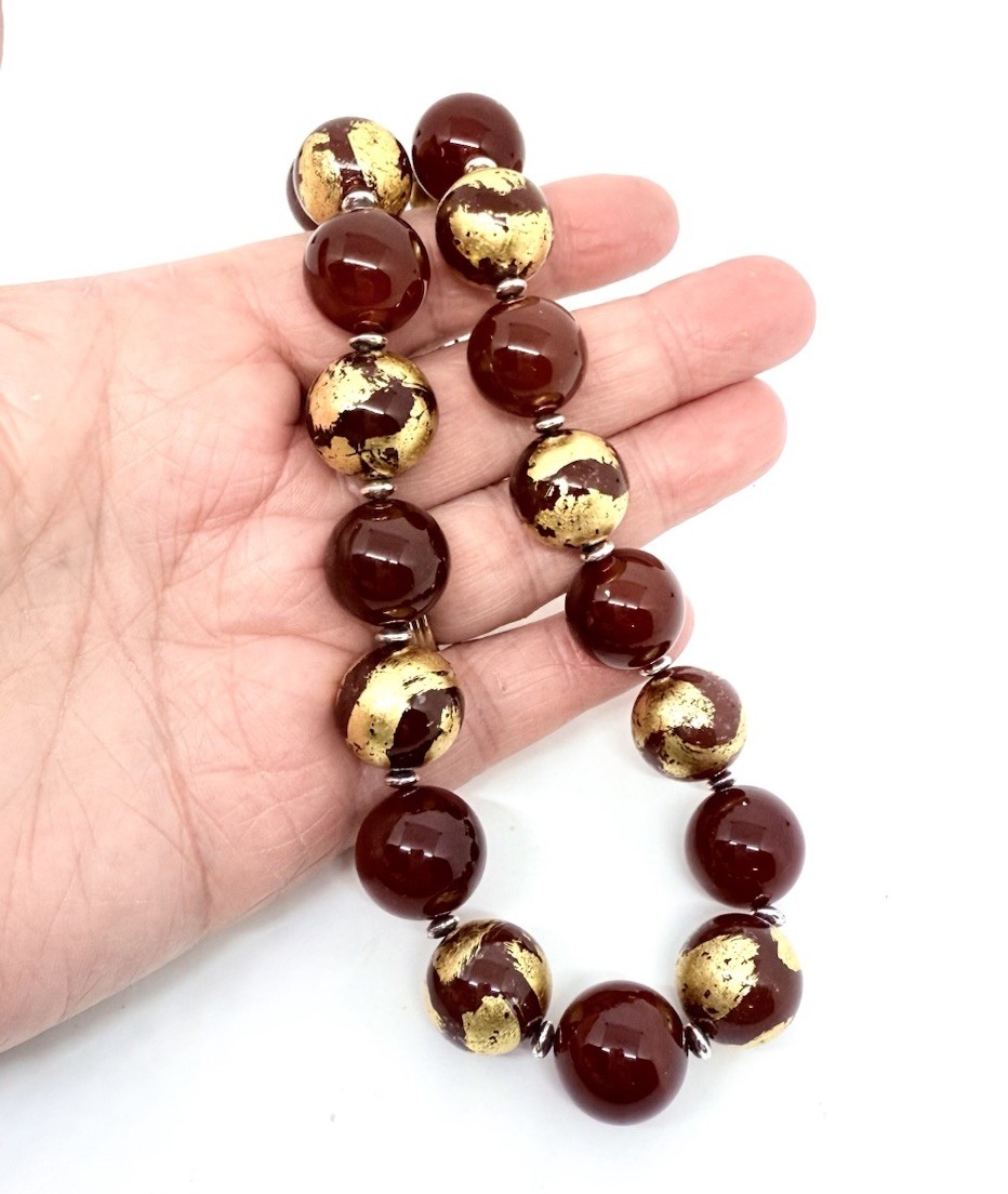 Chinese Export Sterling Silver Enameled Carnelian Bead Necklace Vintage Jewelry