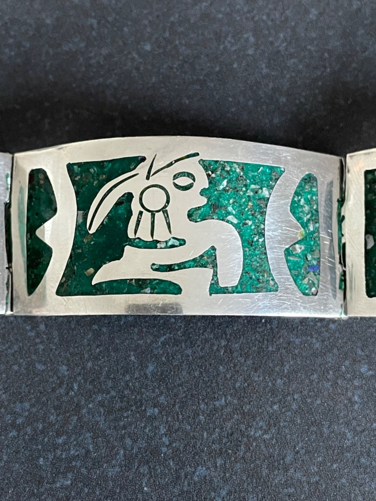 Solid 925 Silver Bracelet from Taxco Mexico Handmade with Green Stone Inlay
