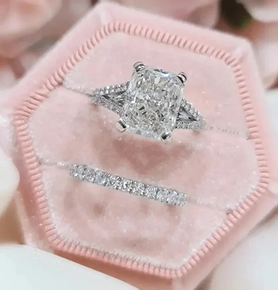 3.60 CTW Radiant Cut Moissanite Bridal Set Engagement Ring 14K White Gold Plated