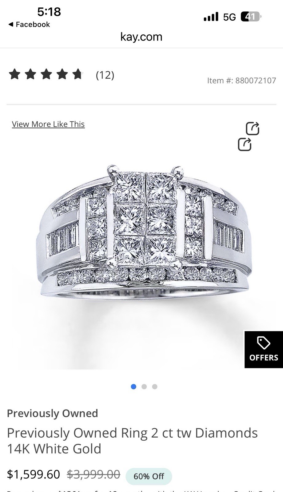 Kay Jewelers 14K White Gold 2 carat Diamond Ring, bought new, Excellent cond.