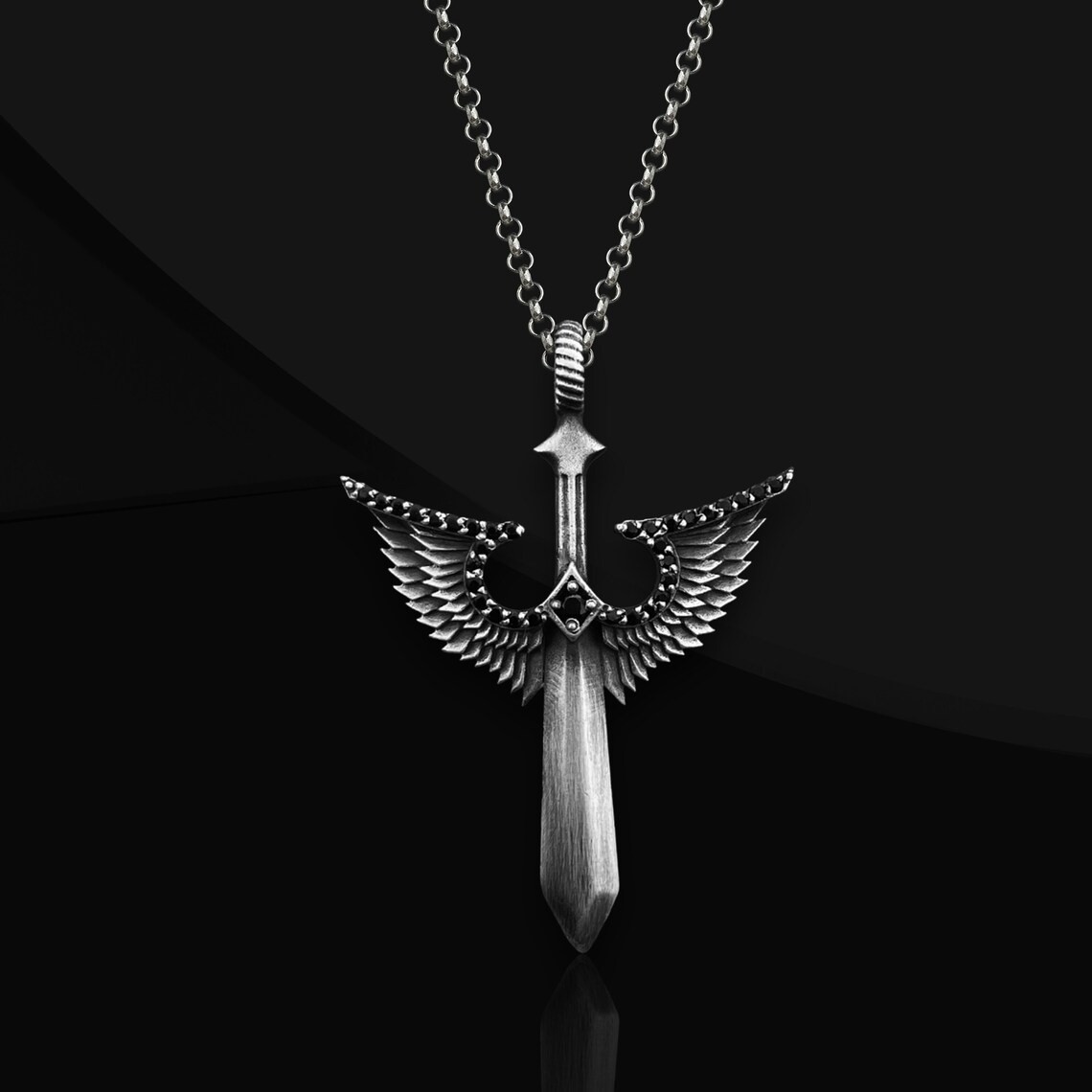 Angel Winged Sword Necklace 925 Sterling Silver Pendant Necklace Duty Free
