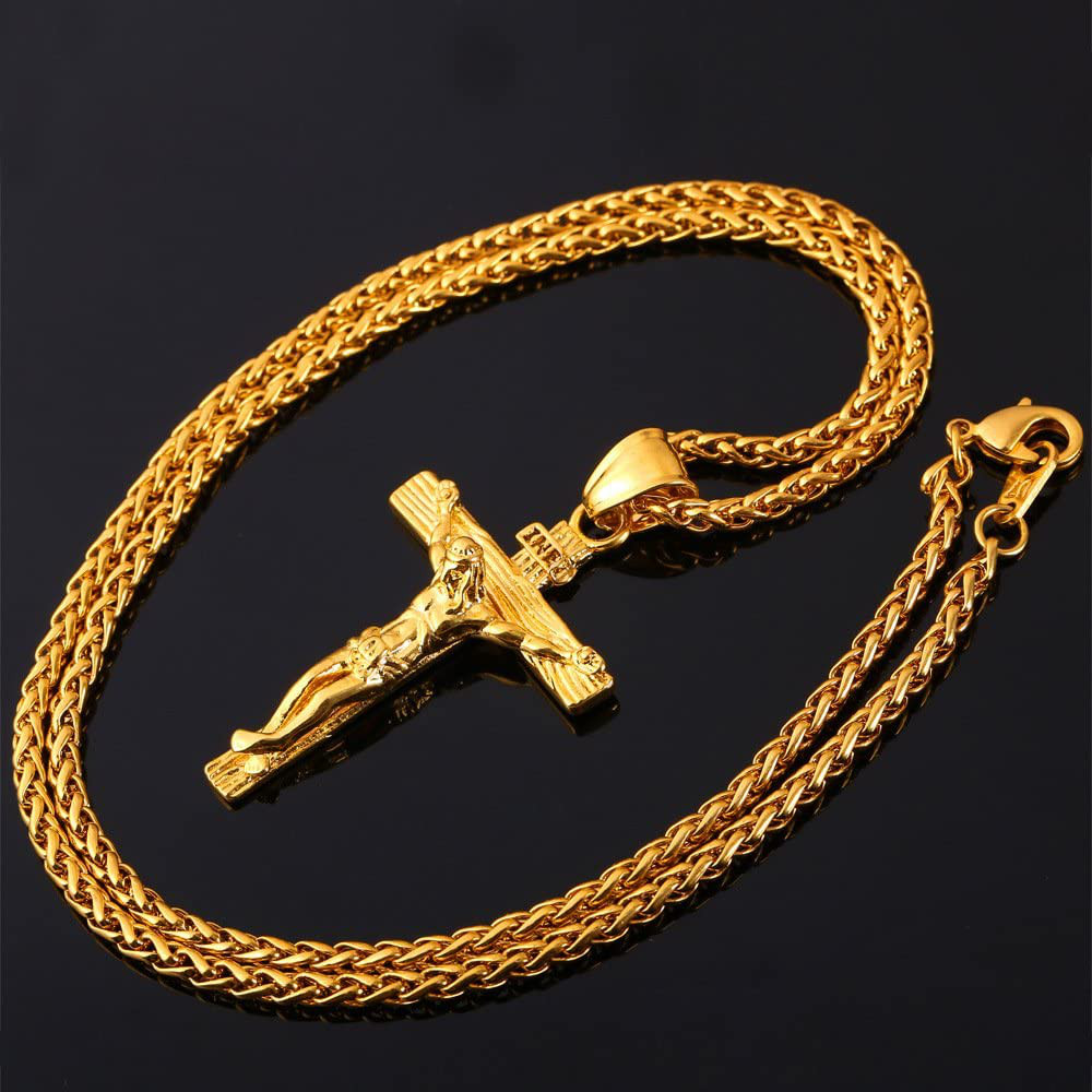 Cadena para Hombres Oro Chapado 18k Cz Cruz de Jesus Colgante Collar Figaro 22
