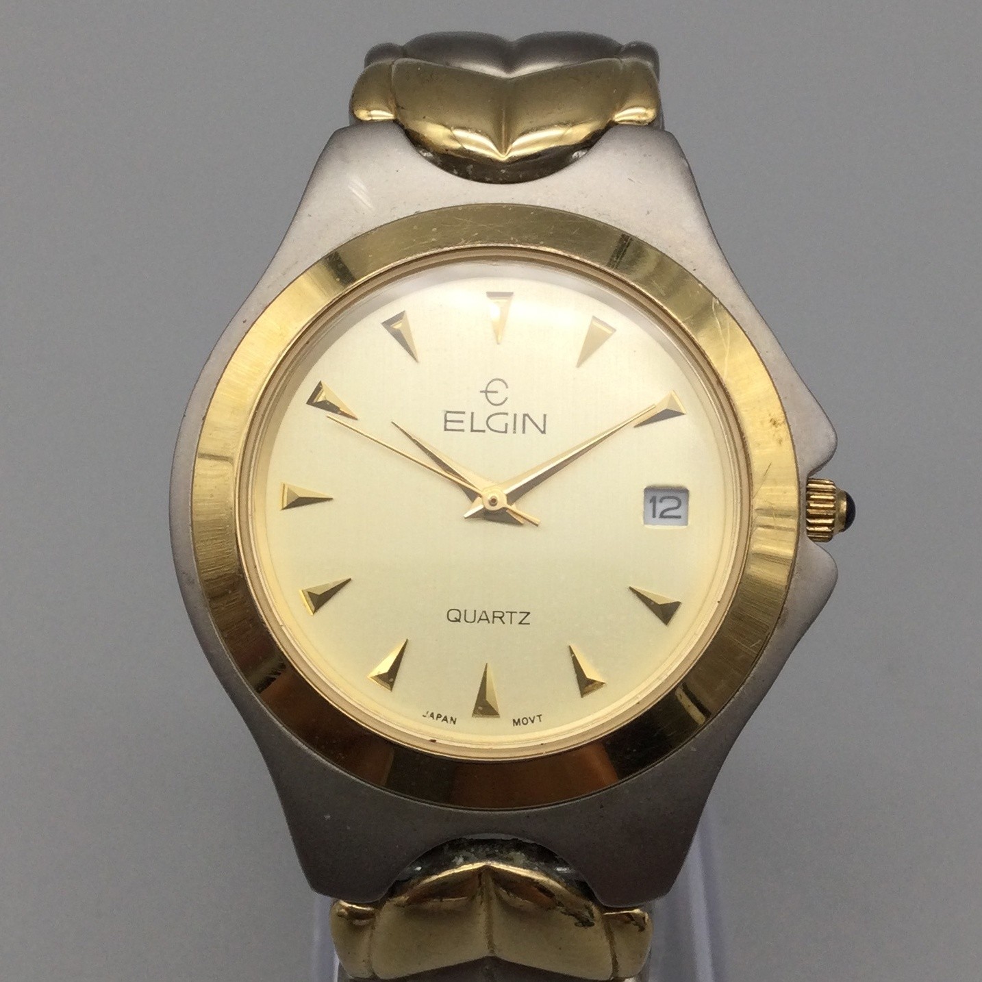 Elgin Mens Watch 36mm Champagne Dial Two Tone Steel FM885 New Battery 7.25″