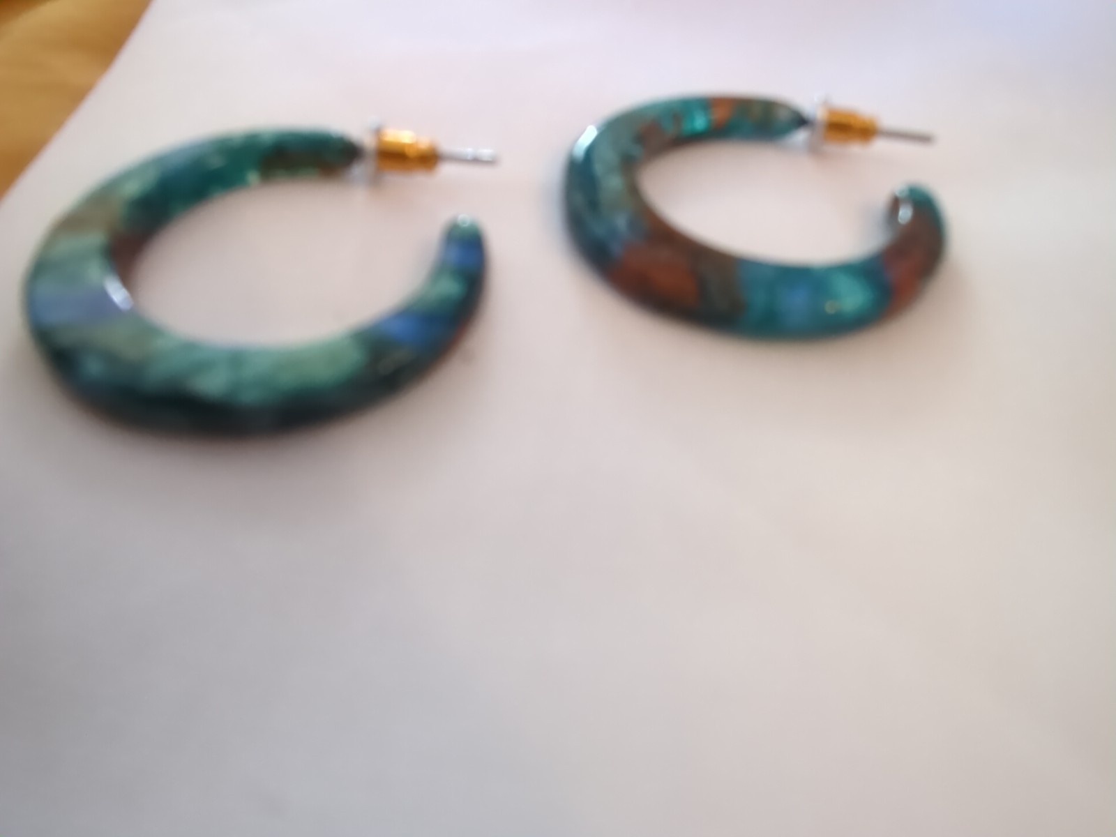 Resin Half Hoop Earrings For Pierced Ear Lobes Blue Plus Brown & Green Hues