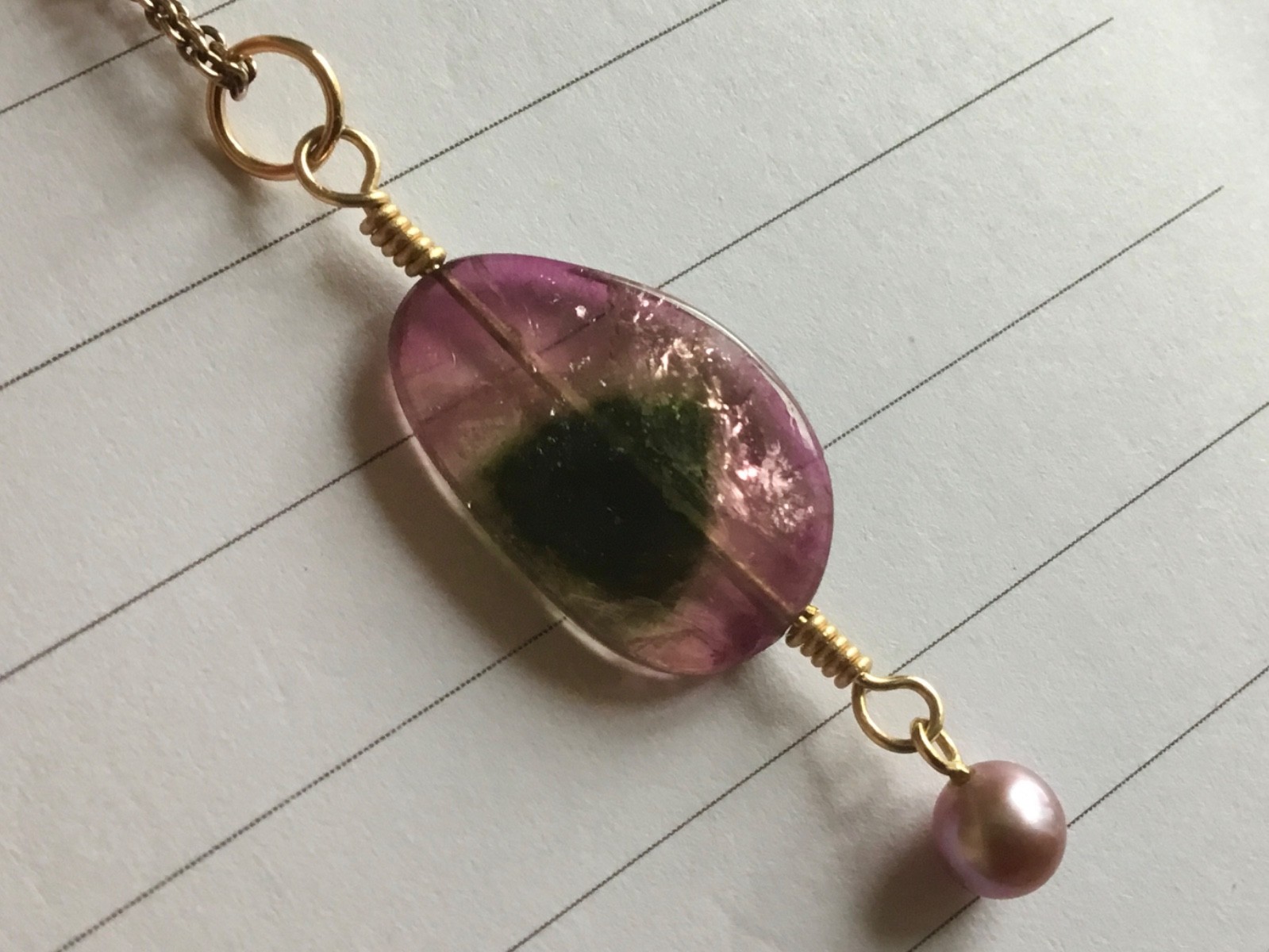 Solid 9ct gold tourmaline slice pendant 9k 375