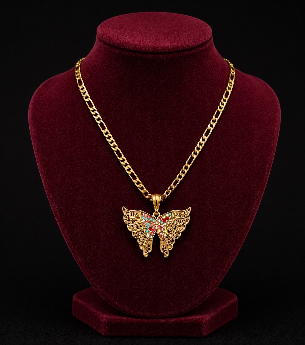 Gold-plated none tarnishCurb Chain Butterfly Multicolor Simulated Crystal Char