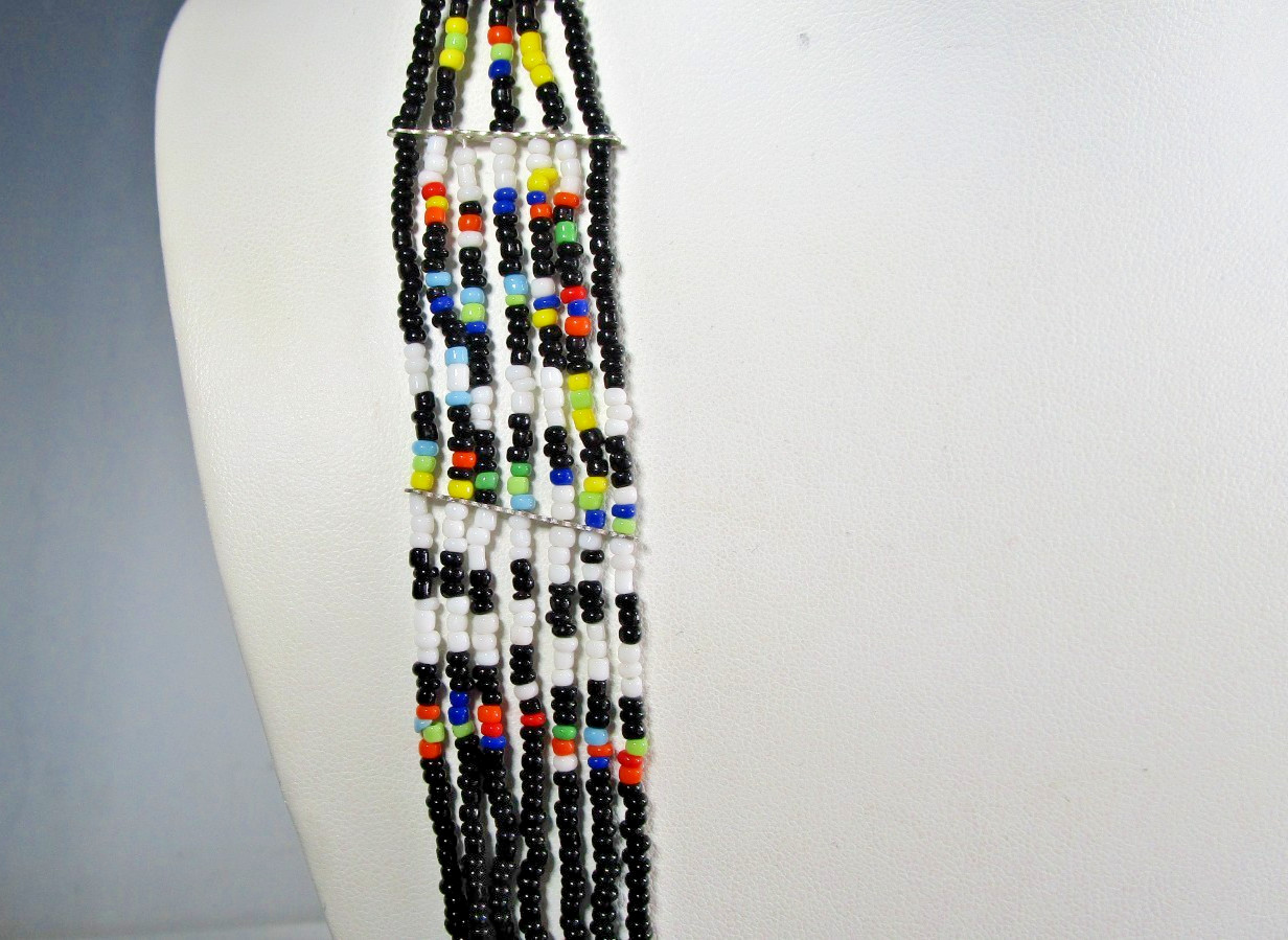 Southwestern 7 Stand Micro Multi Color Black Seed Bead Boho Necklace 28″