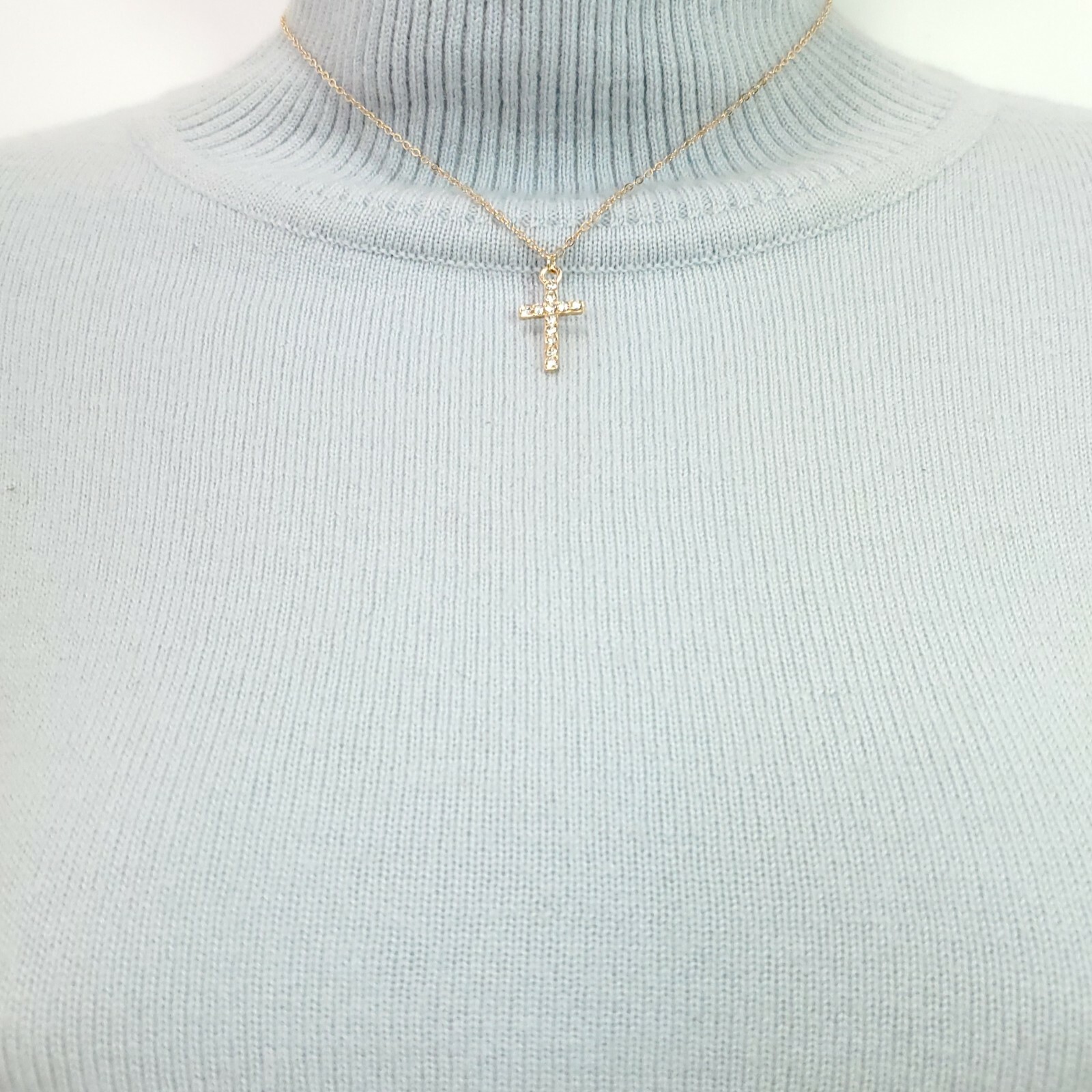 N0182 Gold Tone Base Clear Rhinestones Deco Cross Pendants 2pc Necklaces Set