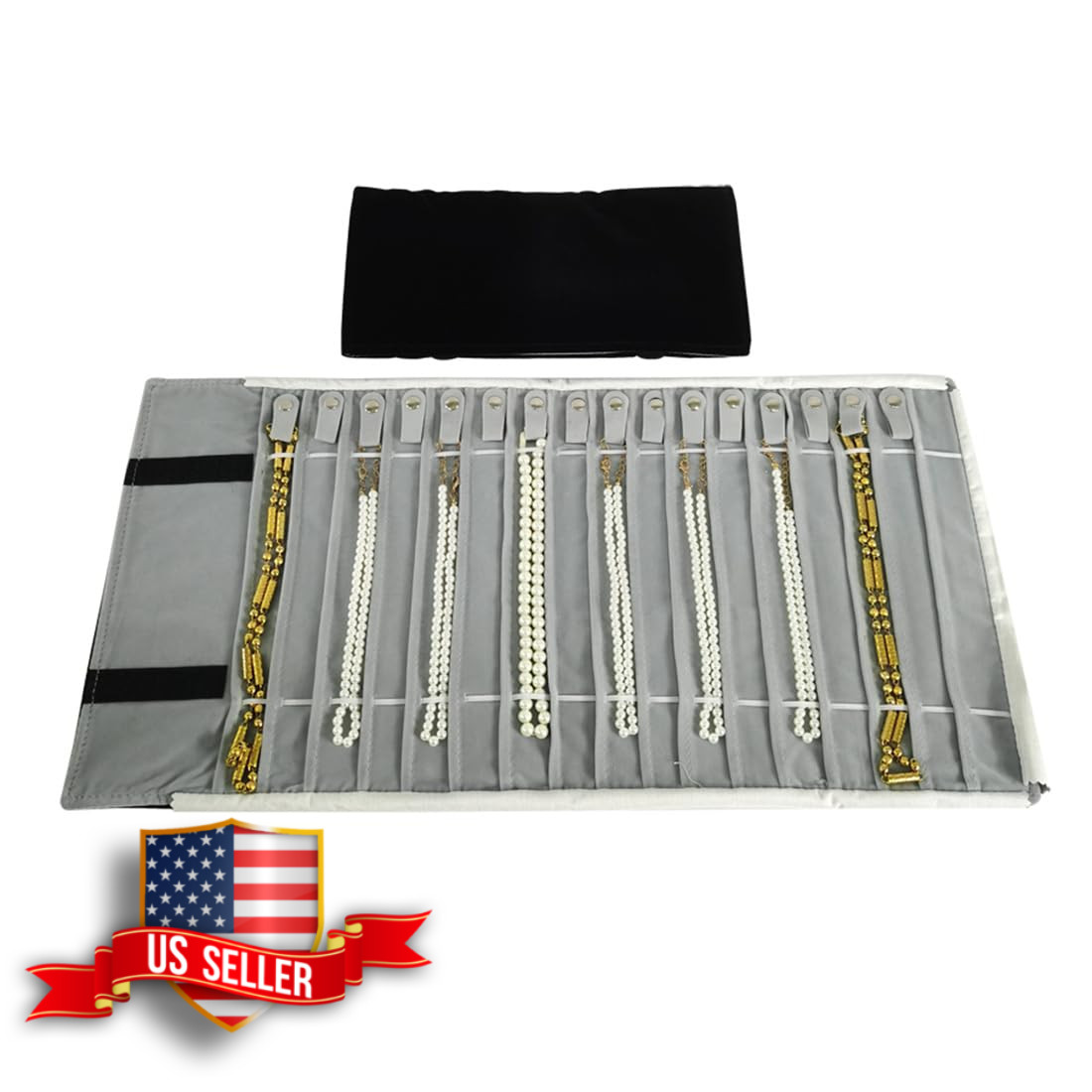 Portable Jewelry Roll Necklace Travel Storage Bag Holder Black and Gray