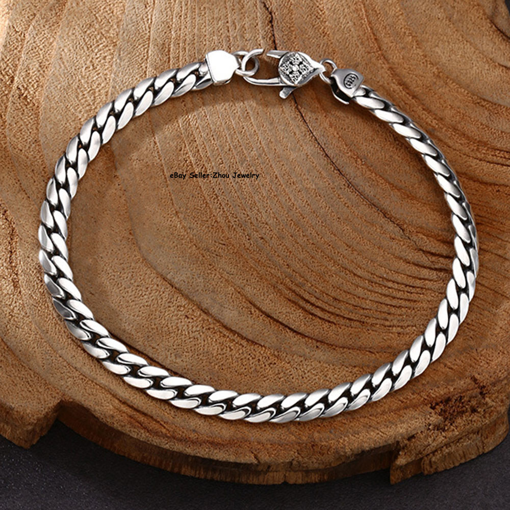 Pure S925 Sterling Silver Chain Vajra 5mm Smooth Curb Link Bracelet 7.1-7.9inch