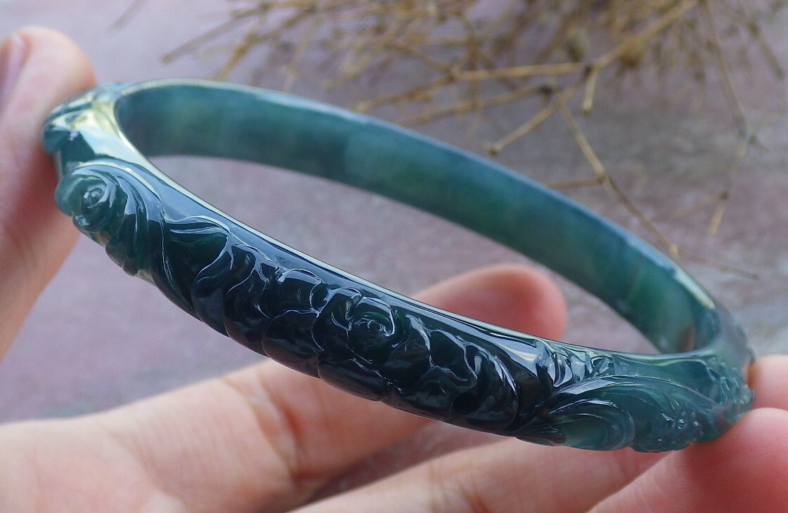 Video Certified Green A JADE Jadeite Flower Bird Bangle Bracelet 61mm 666113