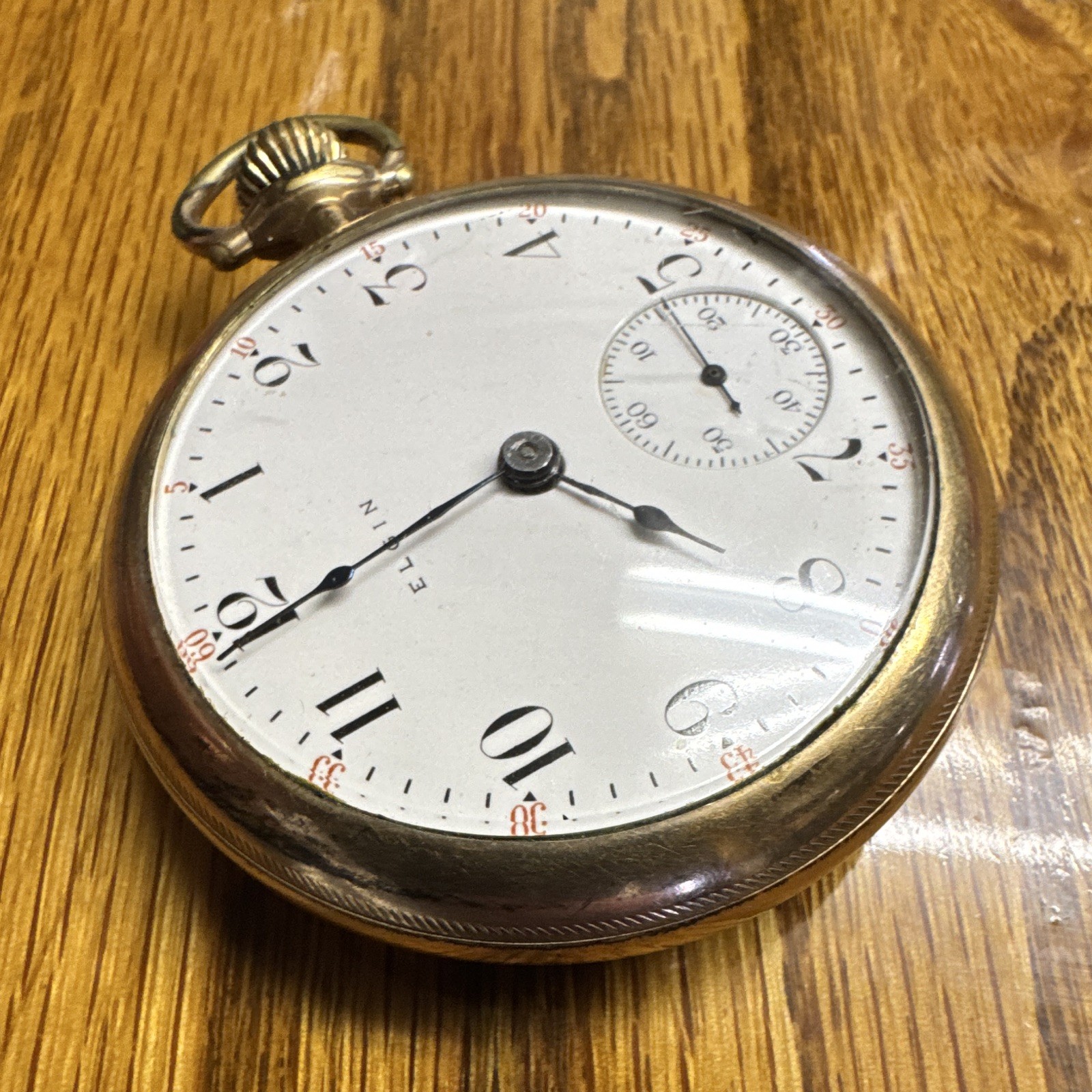 Elgin Gold Filled Yellow Gold Open Face Pocket Watch White Dial Arabic, Seconds