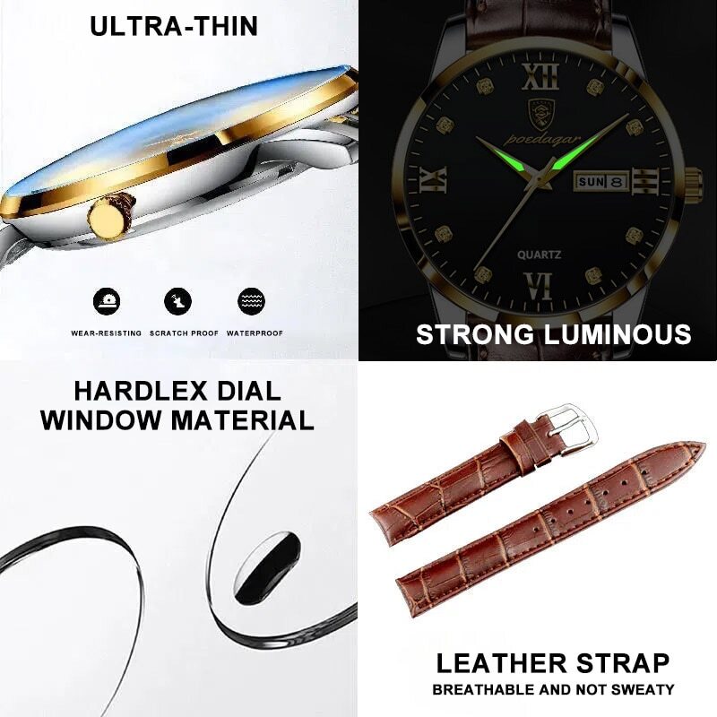 Leather Men’s Watch Luxury Watch Men Waterproof Watches Quartz Wristwatches +BOX