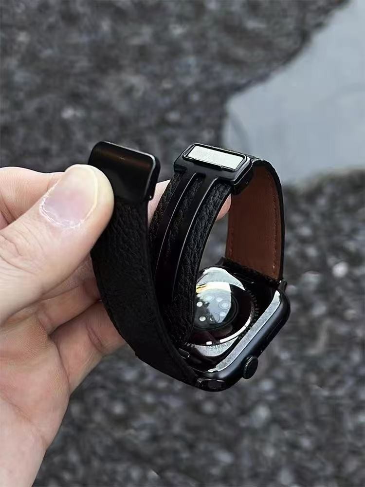 For Apple Watch S1-11/Ultra/SE Litchi Pattern Leather Magnetic Buckle Strap
